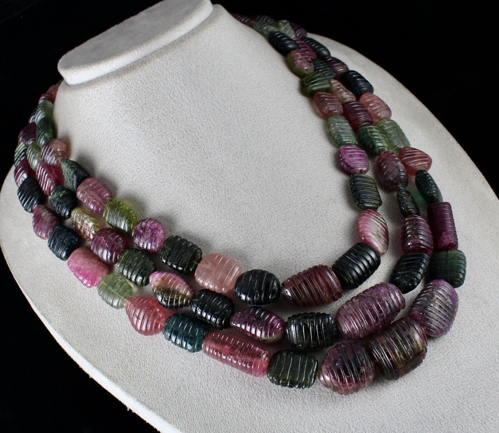 NATURAL MULTI TOURMALINE BEADS CARVED TUMBLE 3 LINE 1942 CTS GEMSTONE NECKLACE