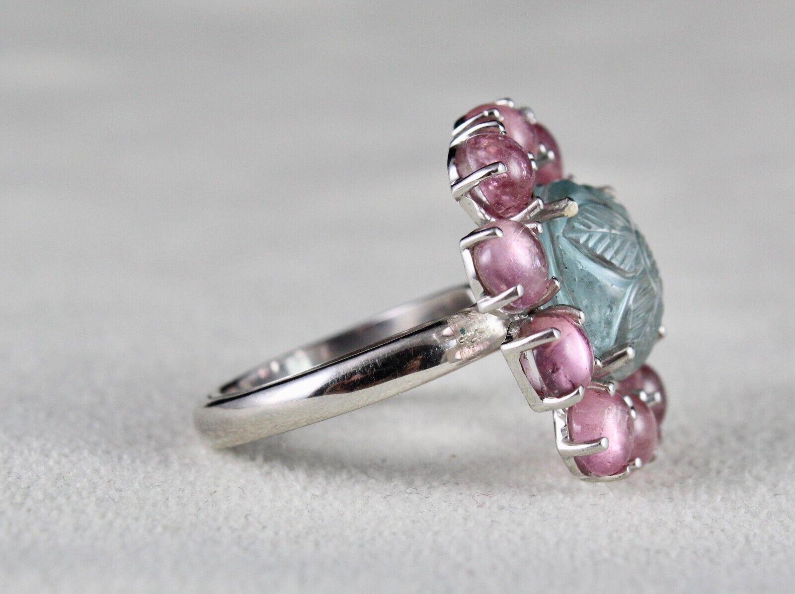 Antique Natural Aquamarine Carved Pink Tourmaline Gemstone Silver Victorian Ring