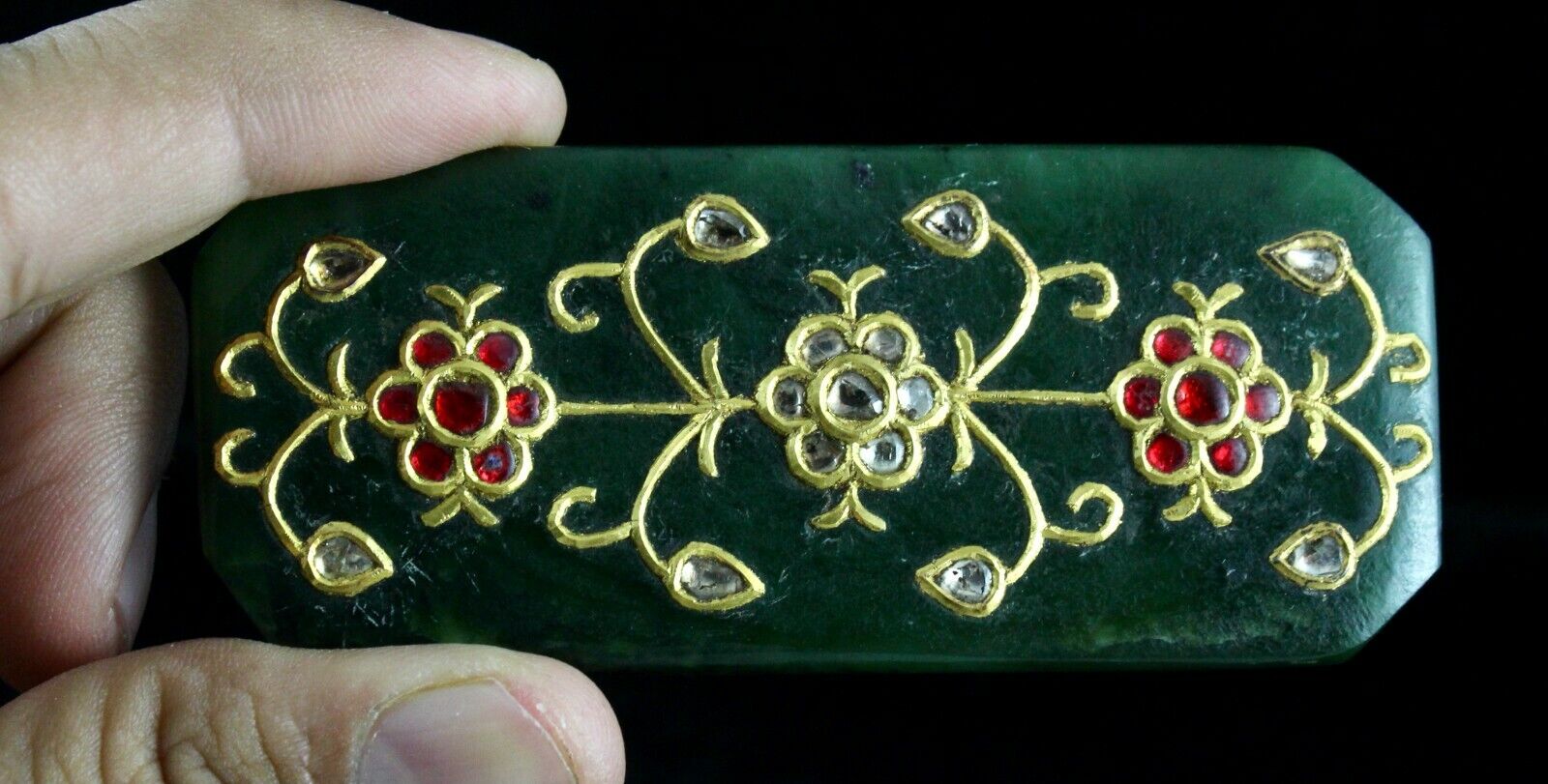 OLD NAURAL NEPHRITE JADE PENDANT STUDDED WITH DIAMOND & COLOR STONE IN 22K GOLD