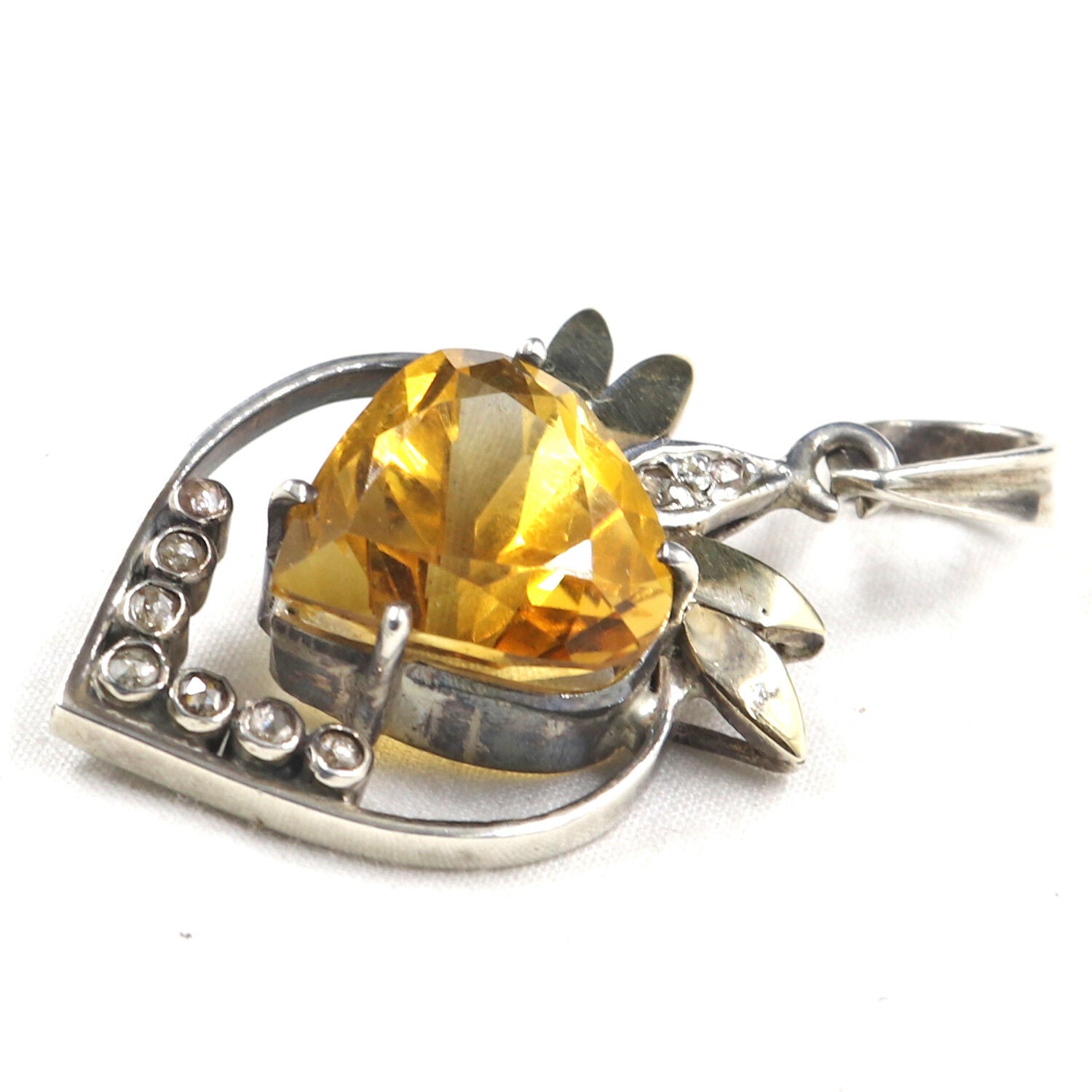 Natural Citrine Heart Cut Diamond 18K Gold 925 Silver Victorian Gemstone Pendant