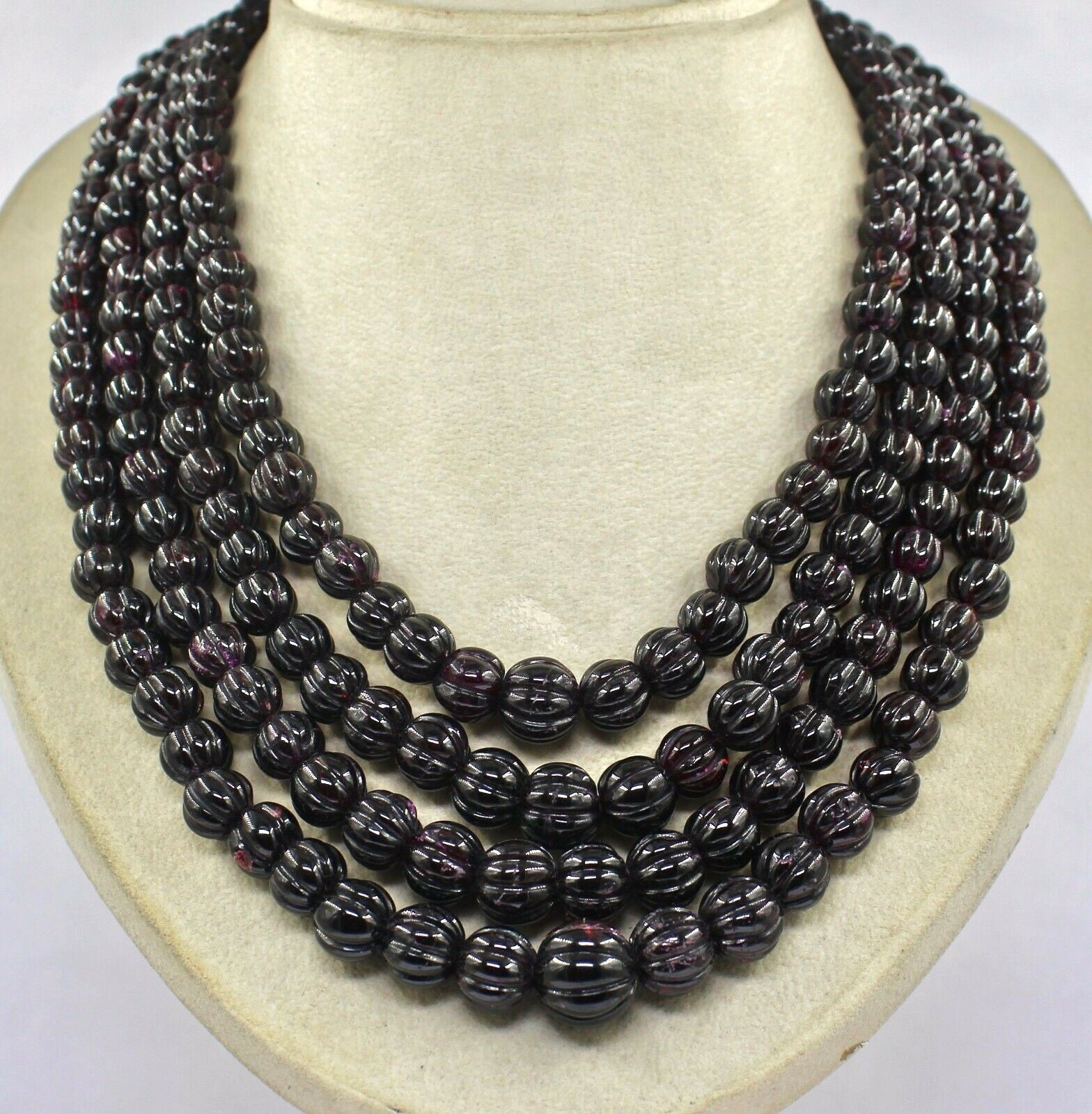 Natural Garnet 2392 Ct Carved Melon Beads Necklace Sterling Silver Hook