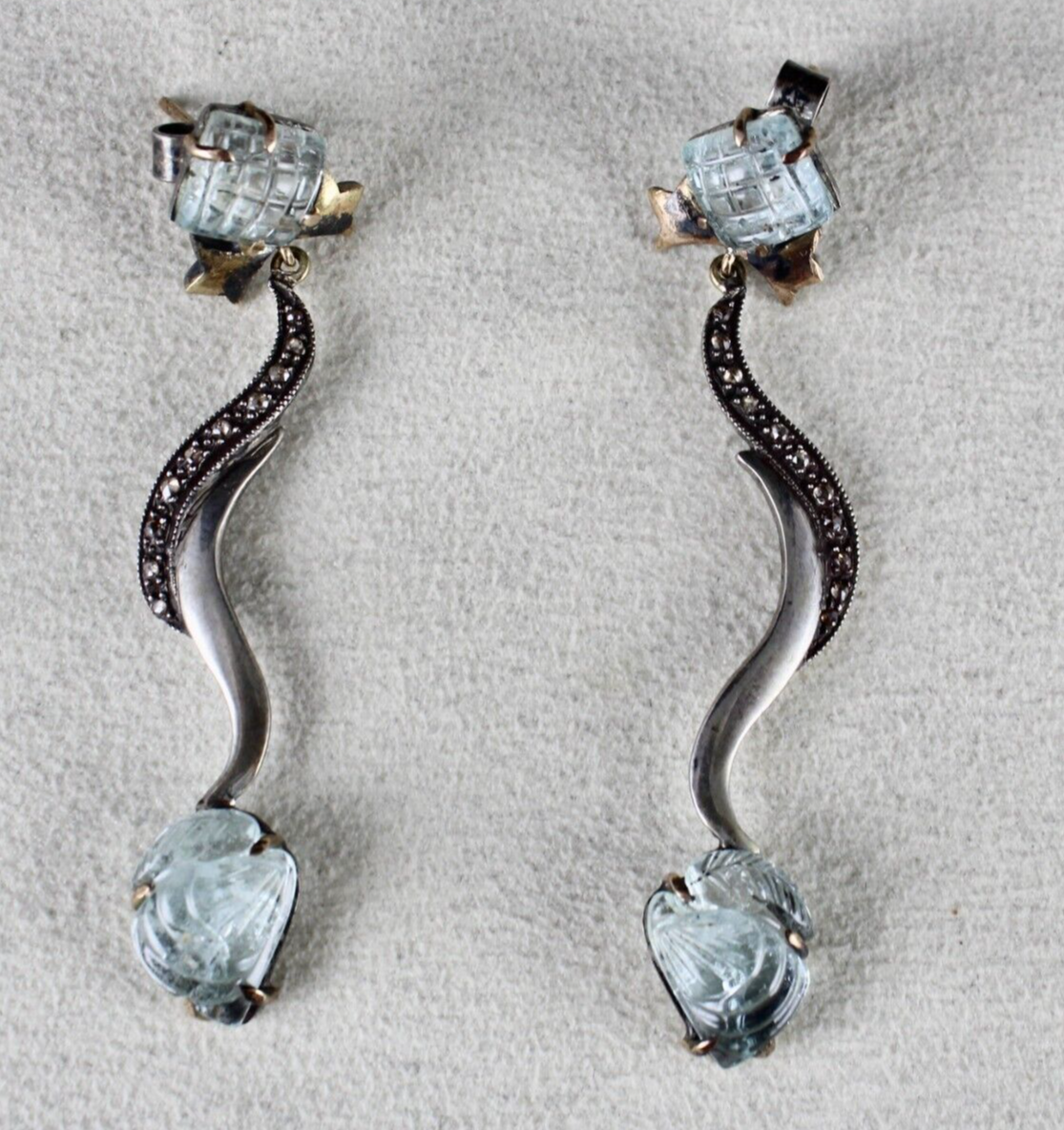 Natural Blue Aquamarine 10ct Carved Natural Diamond 18k Gold 925 Silver Earrings
