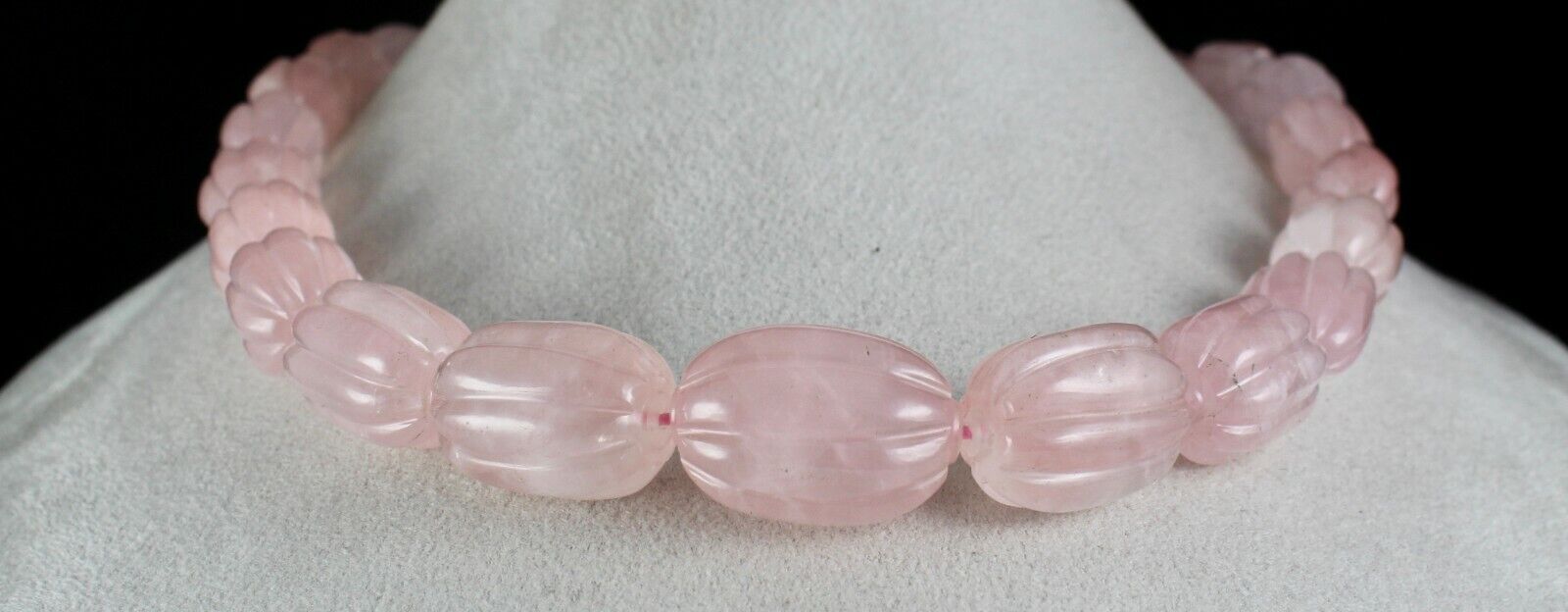 NATURAL ROSE QUARTZ MELON CARVED LONG BEADS 883 CARATS GEMSTONE SILVER NECKLACE