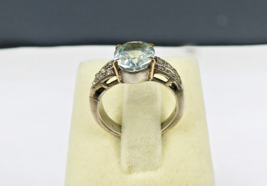 Aquamarine Blue Oval 24.21ct Natural Diamond 18k Gold Ring 925 Sterling Silver