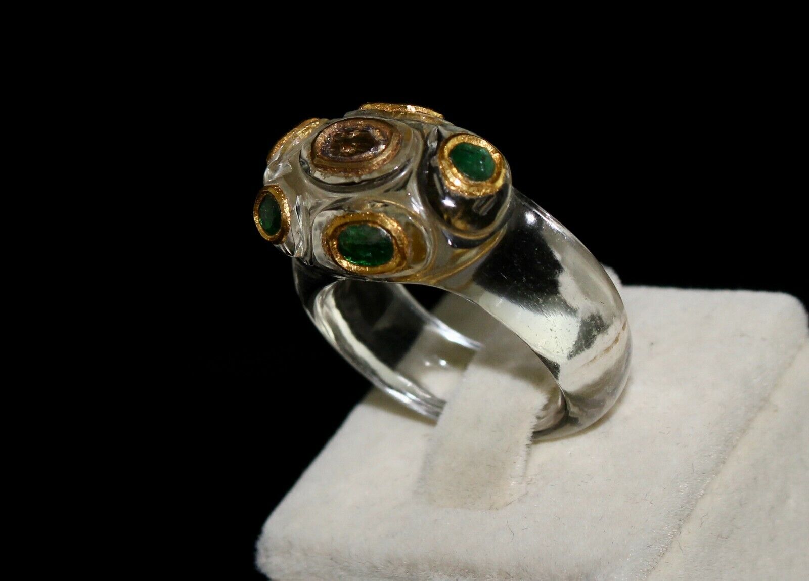 ANTIQUE NATURAL CRYSTAL QUARTZ DIAMOND EMERALD 22K GOLD ETHNIC FASHION RING