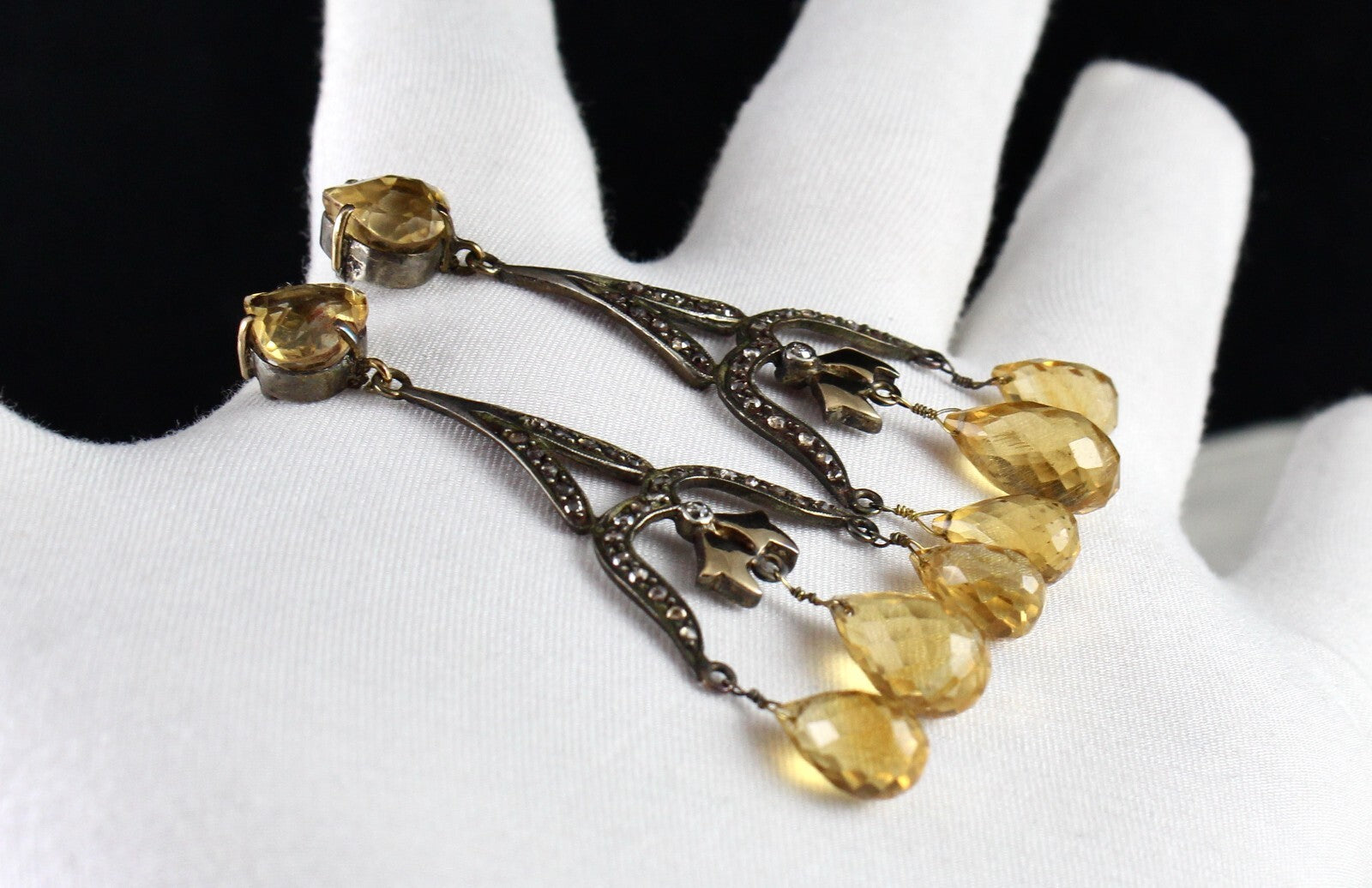 Certified Natural Citrine 10ct Drops Diamond Sterling Silver Victorian Earrings