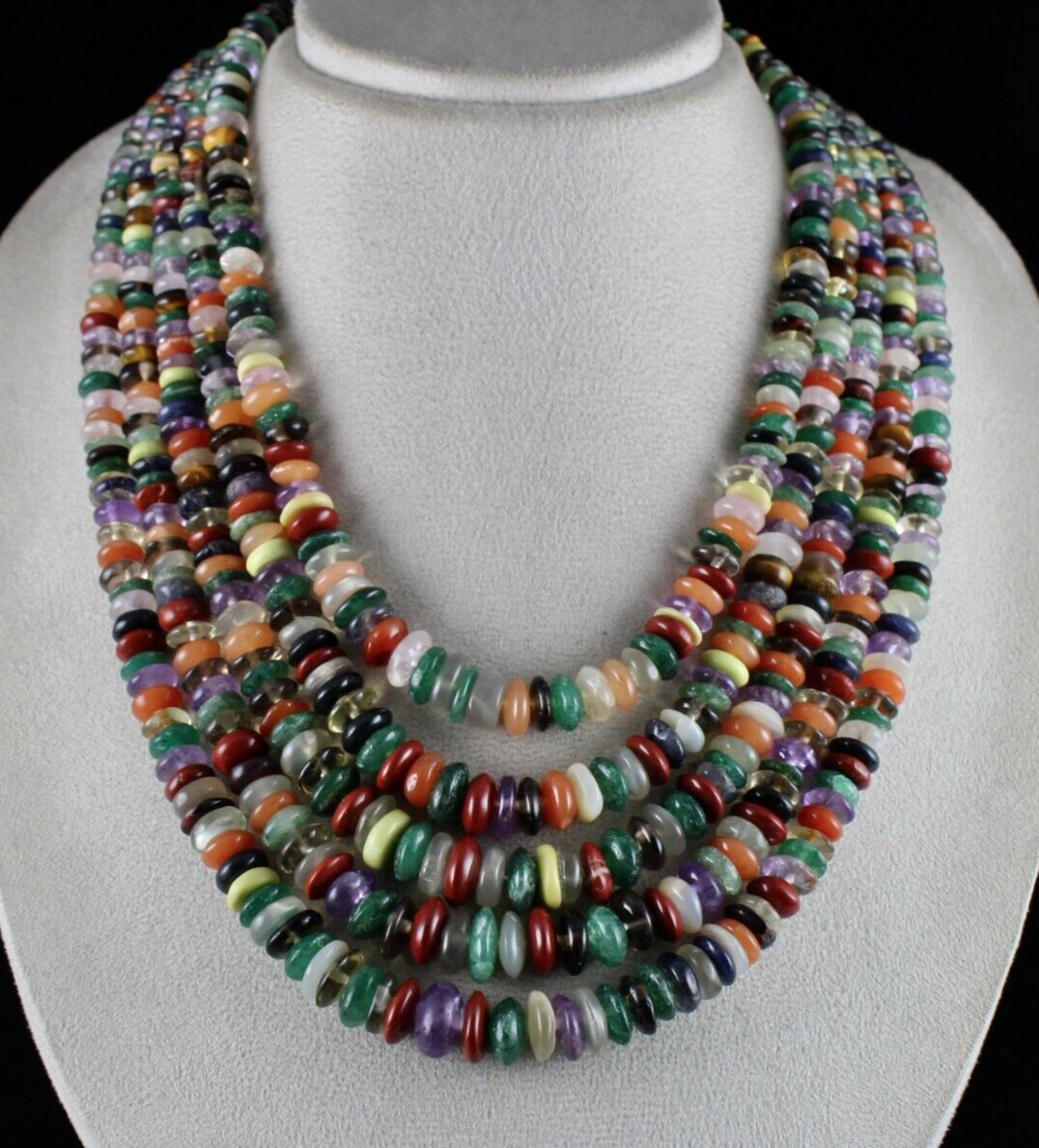 Vintage Multi Semi Precious Beads Button 5 L 1576 Ct Gemstone Fashion Necklace