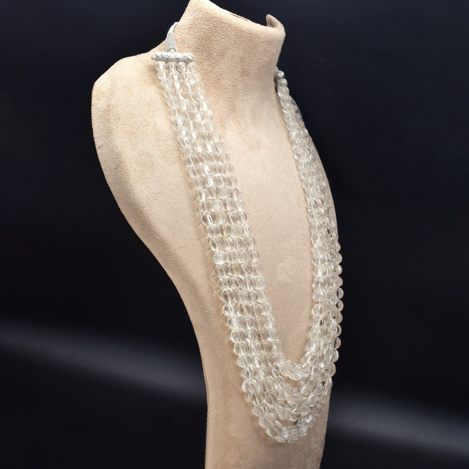 Natural Rock Crystal Quartz 1007 Ct Carved Melon Round Beads Necklace