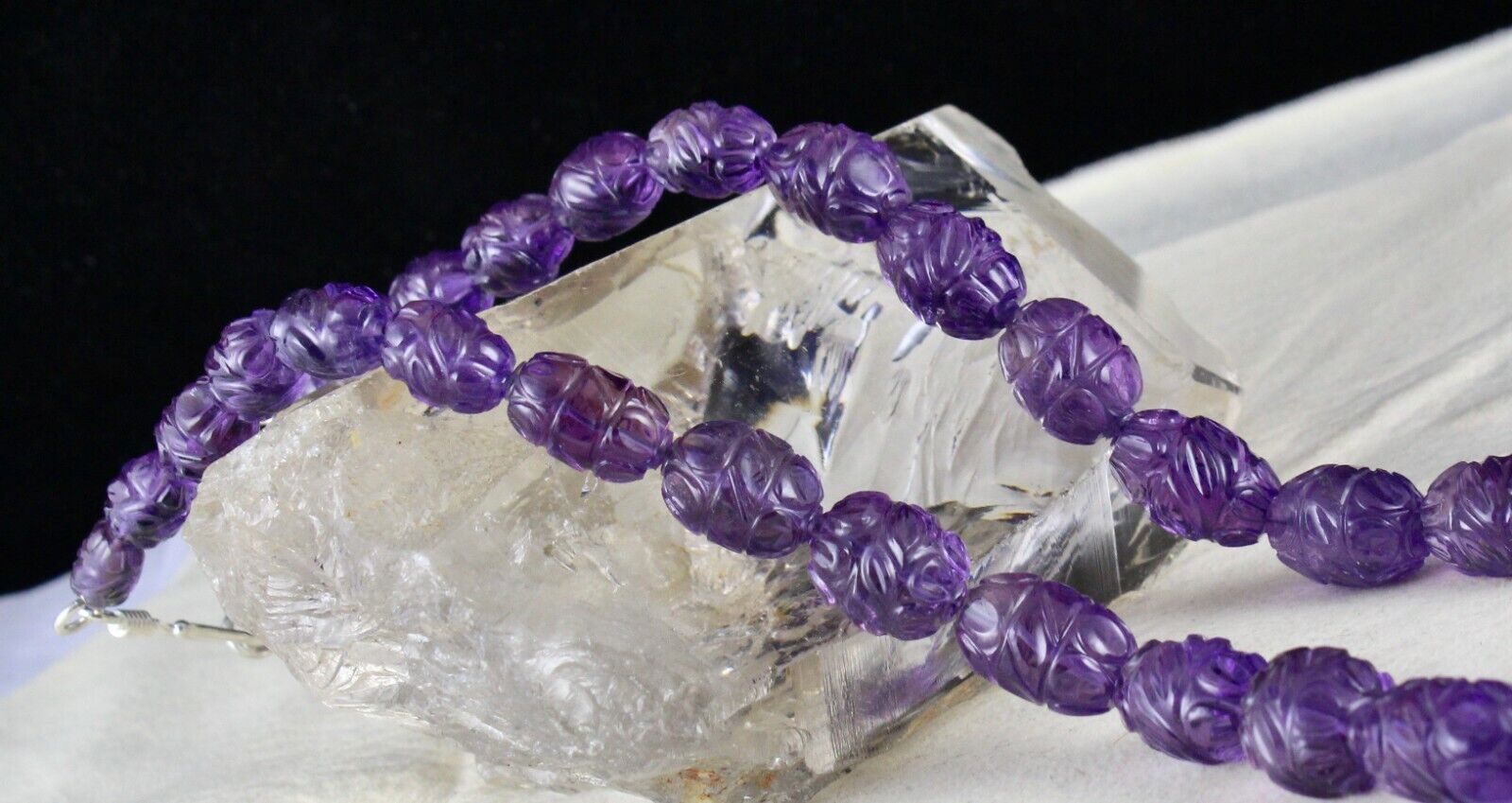 Top Natural Amethyst Beads Carved Long 488 Ct Gemstone Silver Vintage Necklace