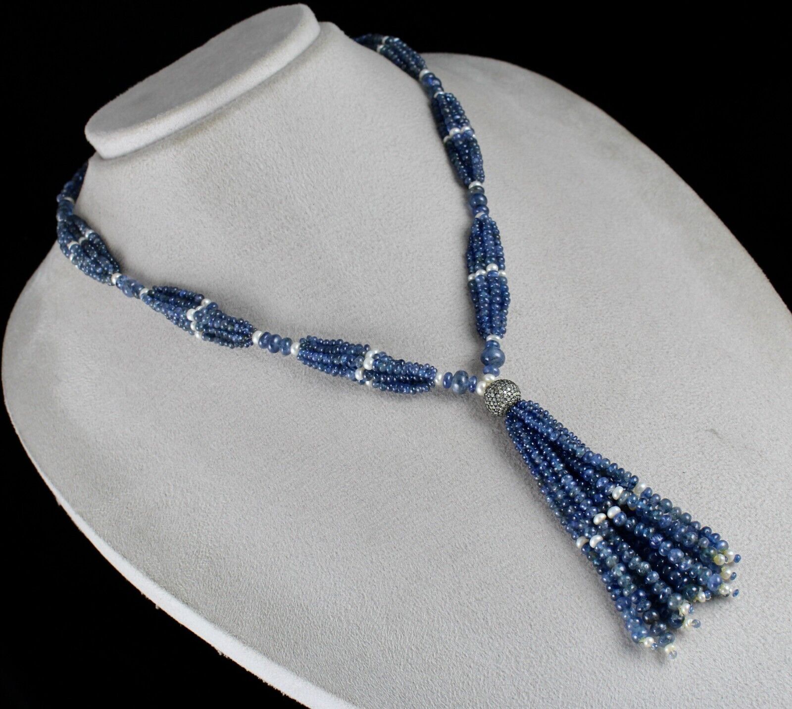 NATURAL BLUE SAPPHIRE PEARL ROUND BEADS DIAMOND 398 CTS SILVER DESIGNER NECKLACE