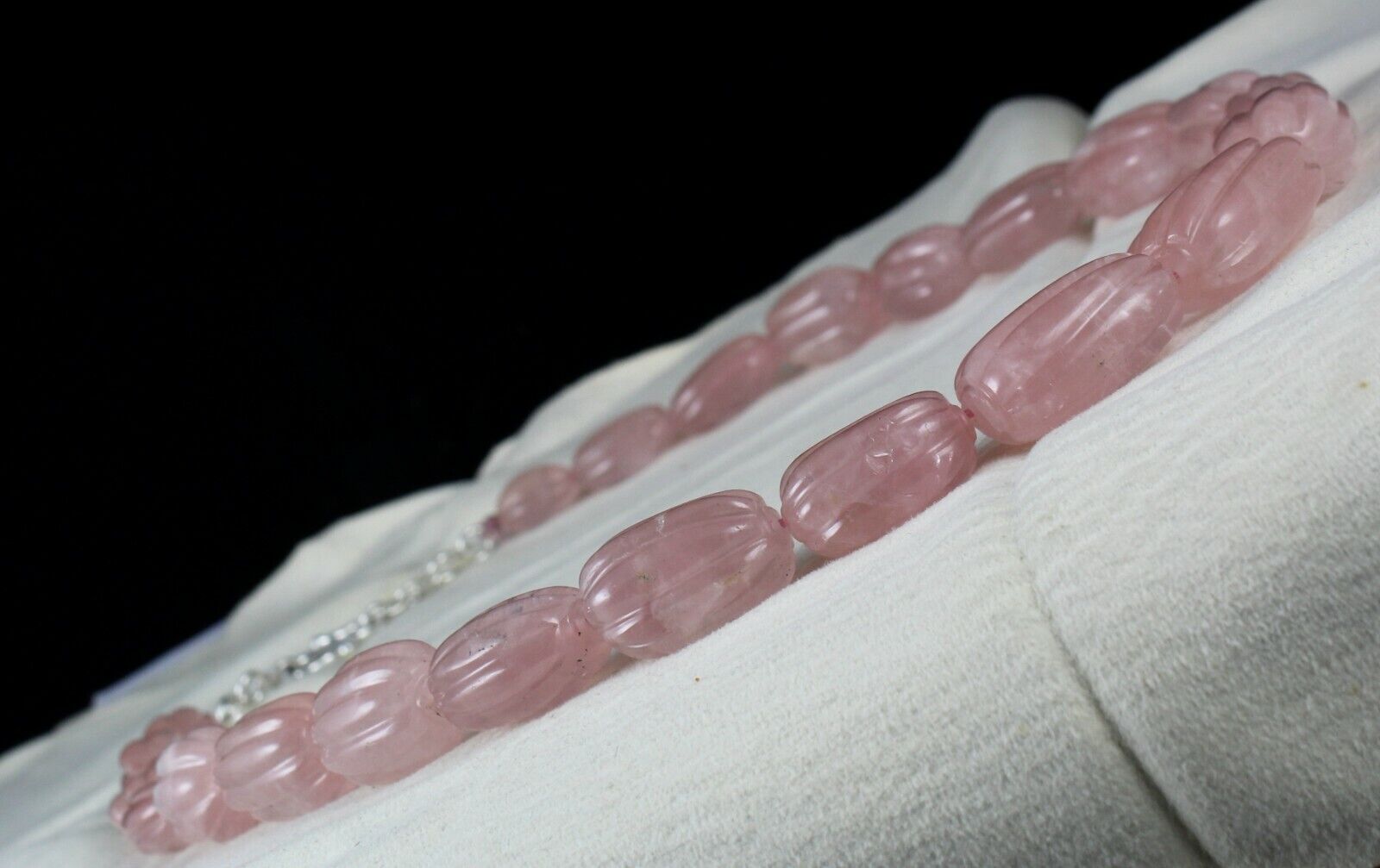 NATURAL ROSE QUARTZ MELON CARVED LONG BEADS 903 CARATS GEMSTONE SILVER NECKLACE