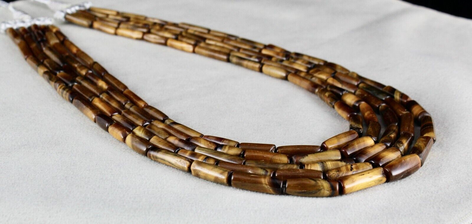 NATURAL TIGER'S EYE TUBE FANCY BEADS 5 LINE 514 CARATS GEMSTONE FASHION NECKLACE