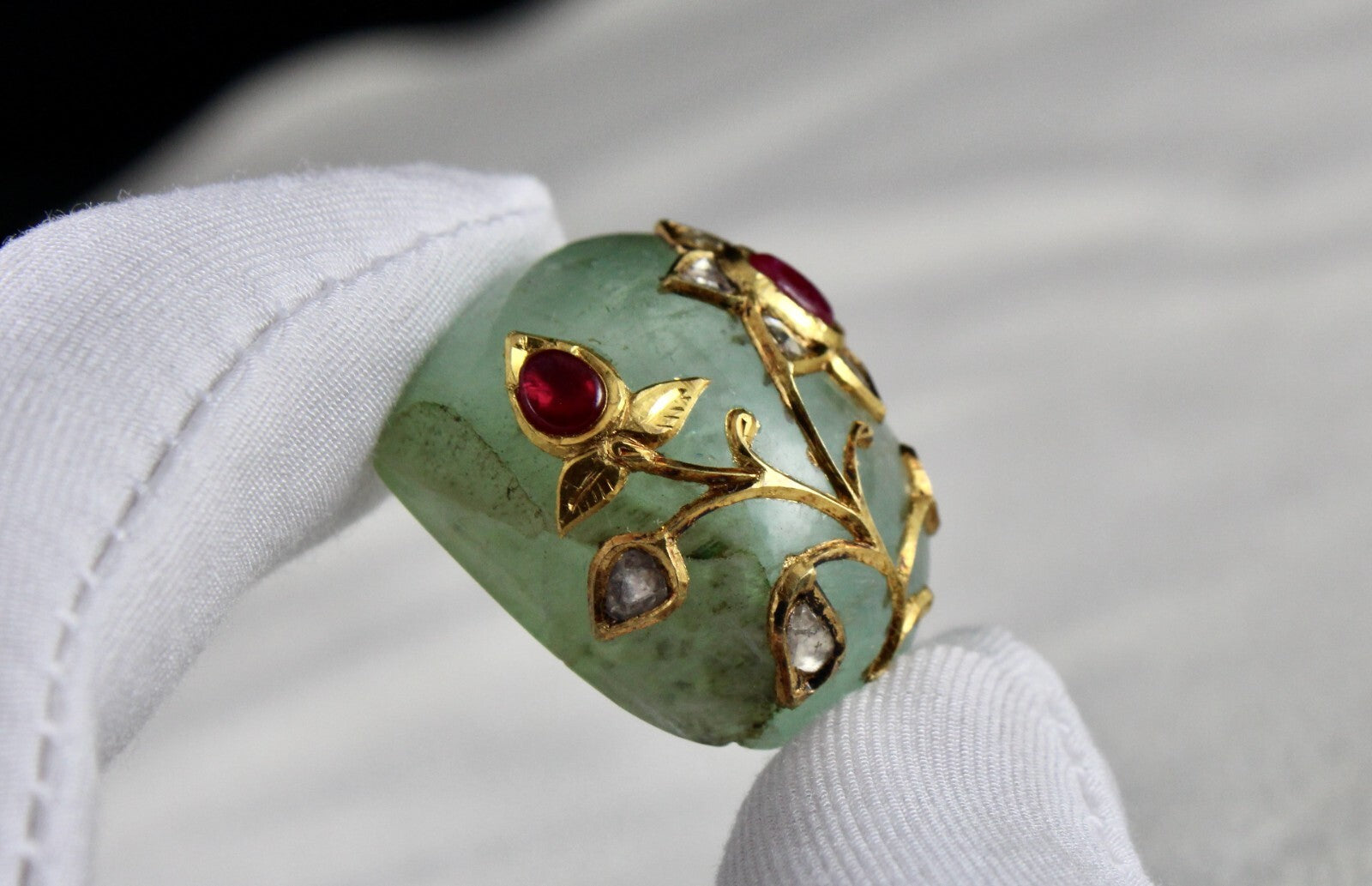 Certified Old Natural Emerald 121ct Cabochon Ruby Natural Diamond 22k Gold Studs