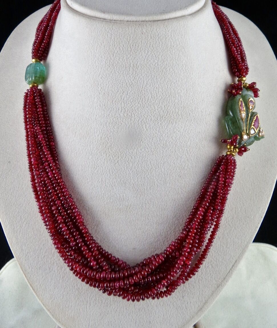 NATURAL ZAMBIAN EMERALD RUBY DIAMOND 22KGOLD JADAU SPINEL BEADS ANTIQUE NECKLACE