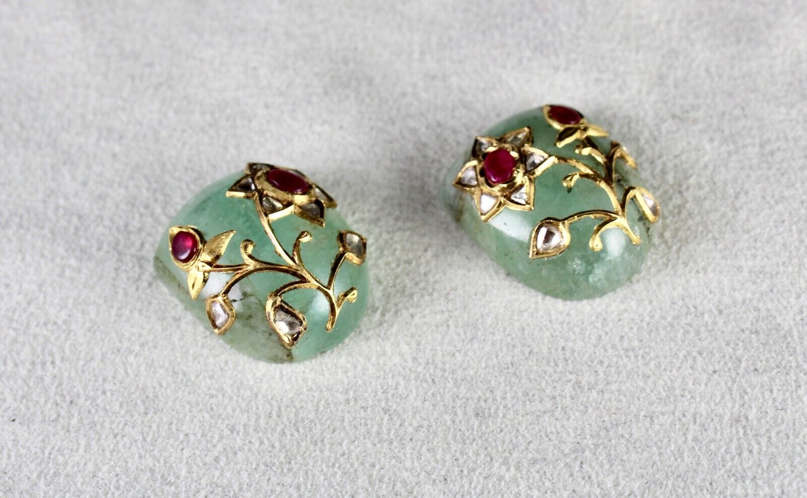 Old Natural Emerald Cabochon Gemstone Ruby Diamond 22k Gold Earring Design Stud