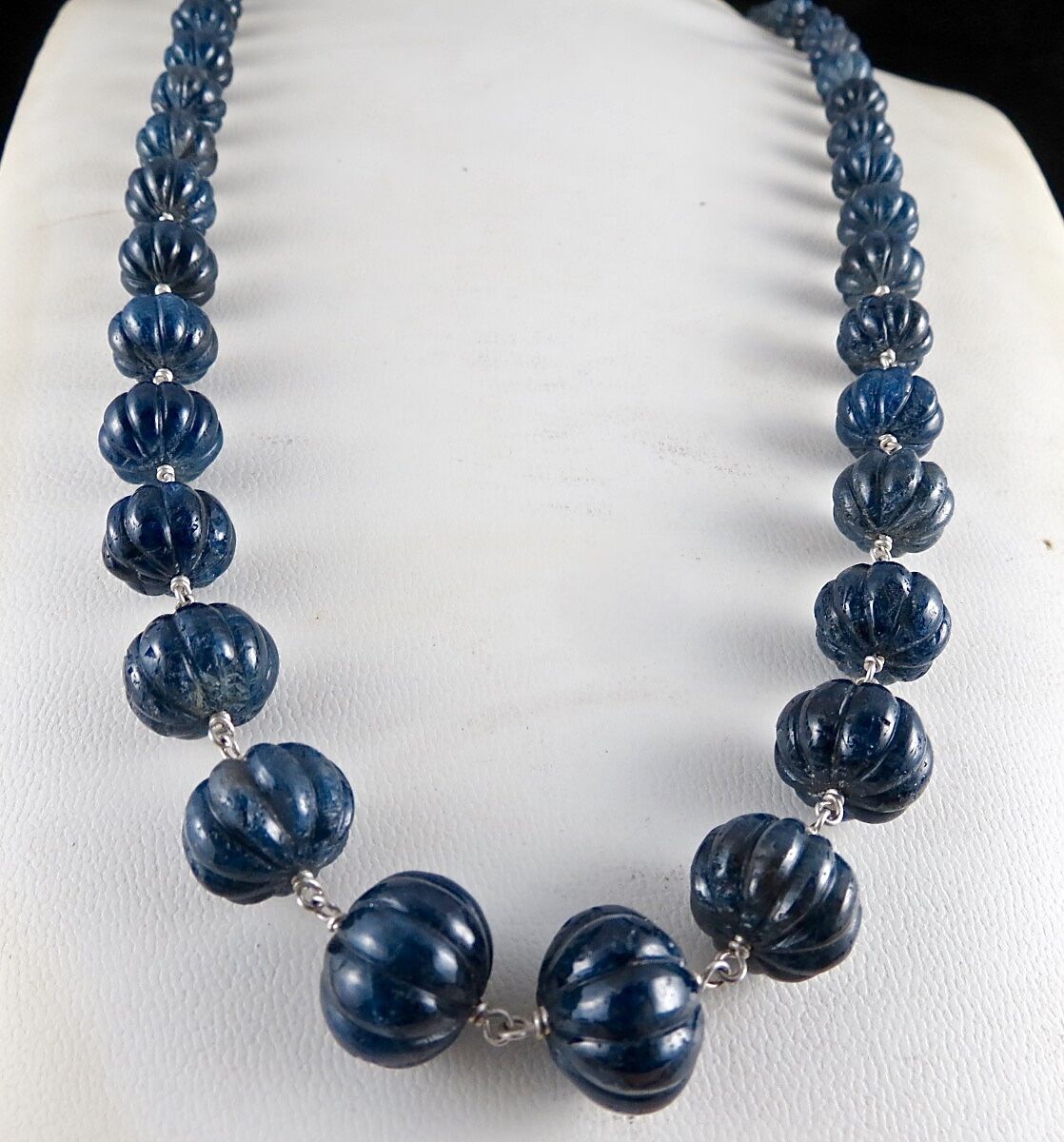 Old Natural Blue Sapphire Beads Carved Melon 552 Carats Gemstone Silver Necklace