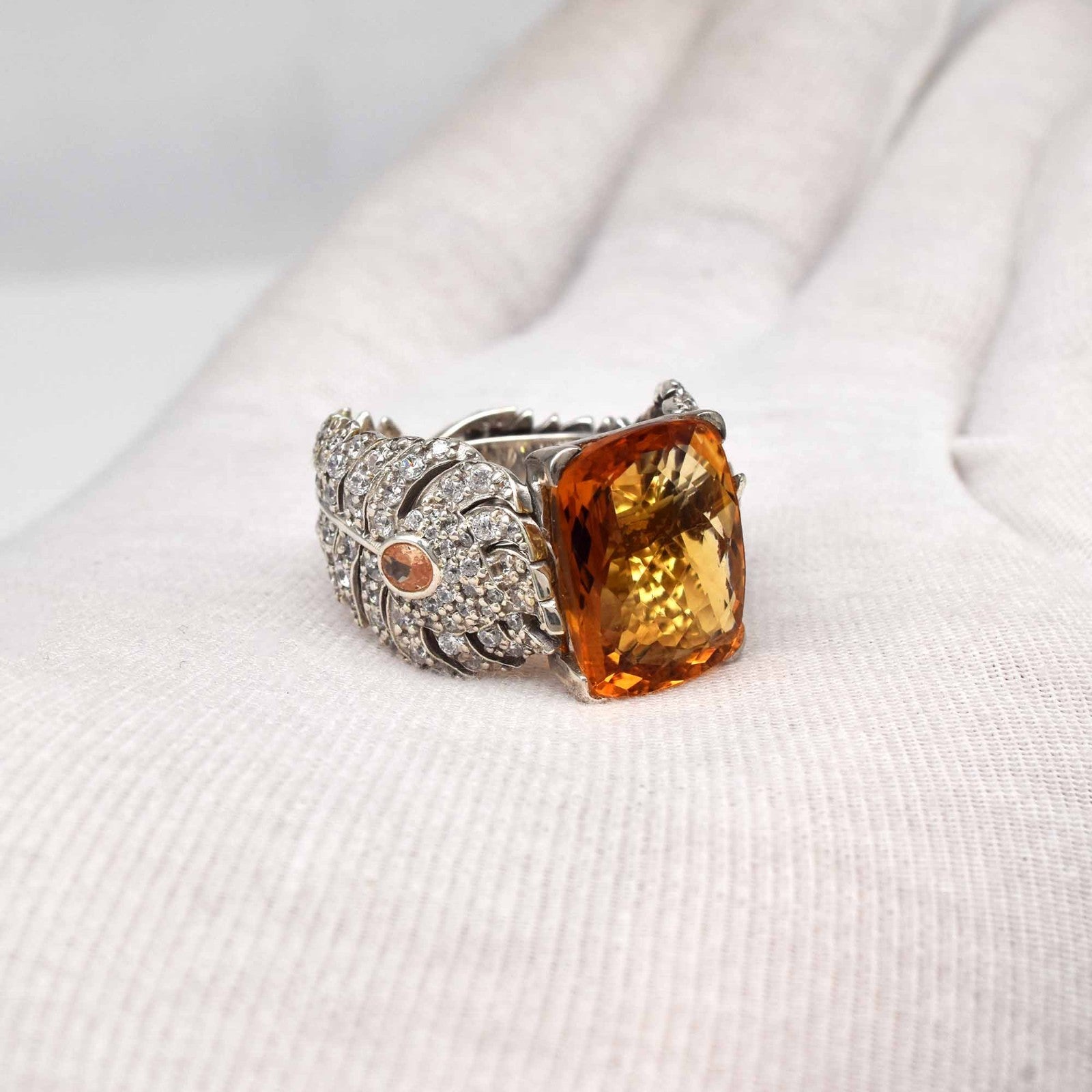Natural Yellow Citrine Cushion Cubic Zirconia Top Gemstone Silver Cocktail Ring