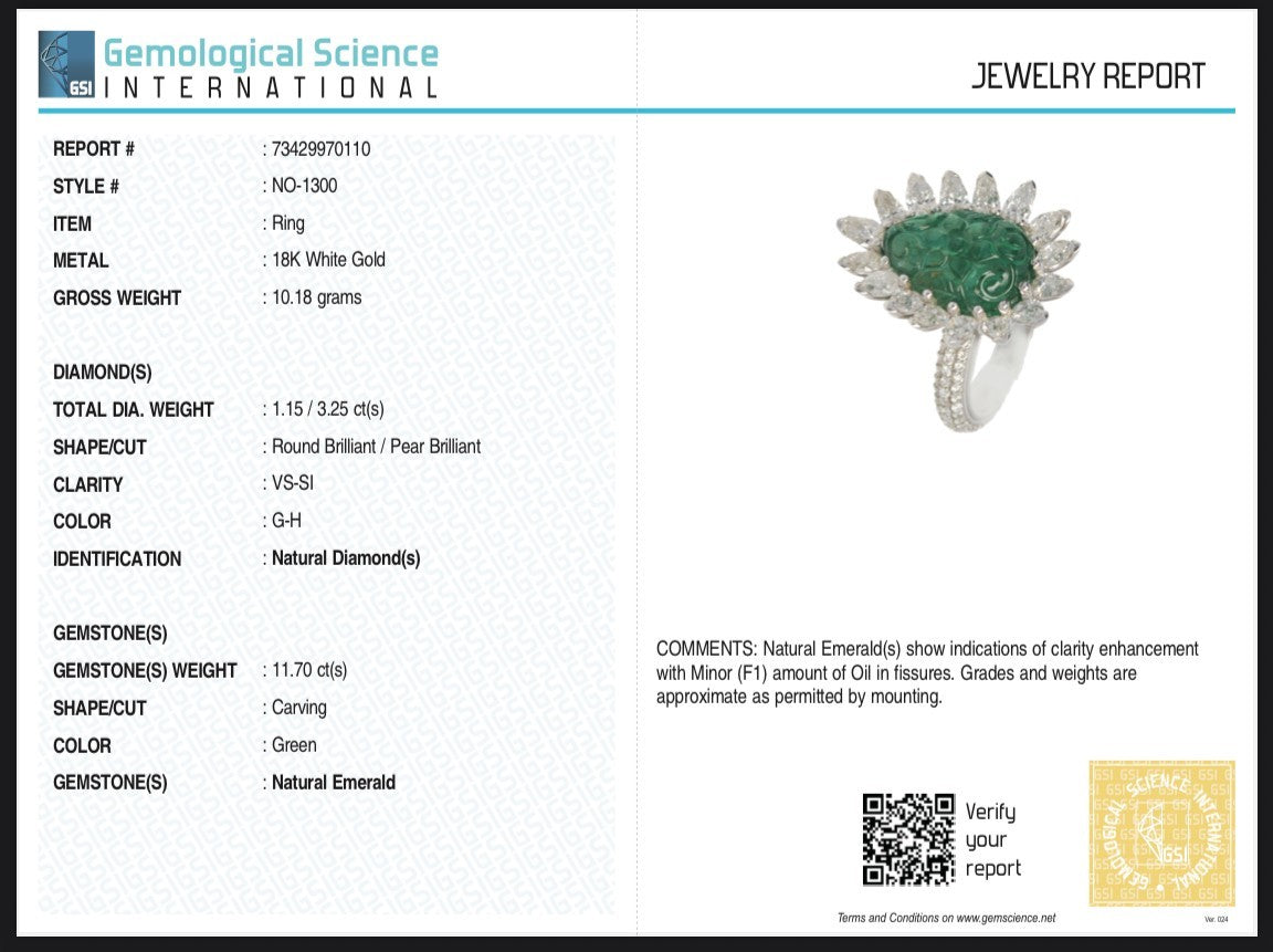 Certified Natural Zambian Emerald Carved Pear Natural Diamond 18k cocktail Ring