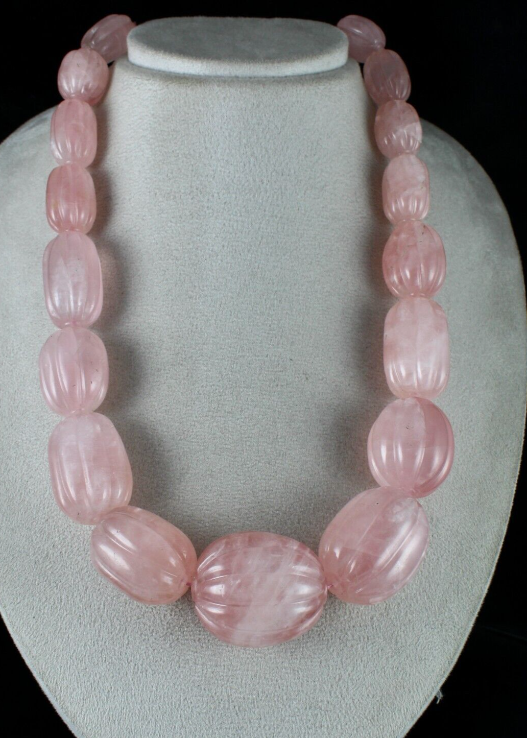 NATURAL ROSE QUARTZ MELON CARVED LONG BEADS 2083 CARATS GEMSTONE SILVER NECKLACE