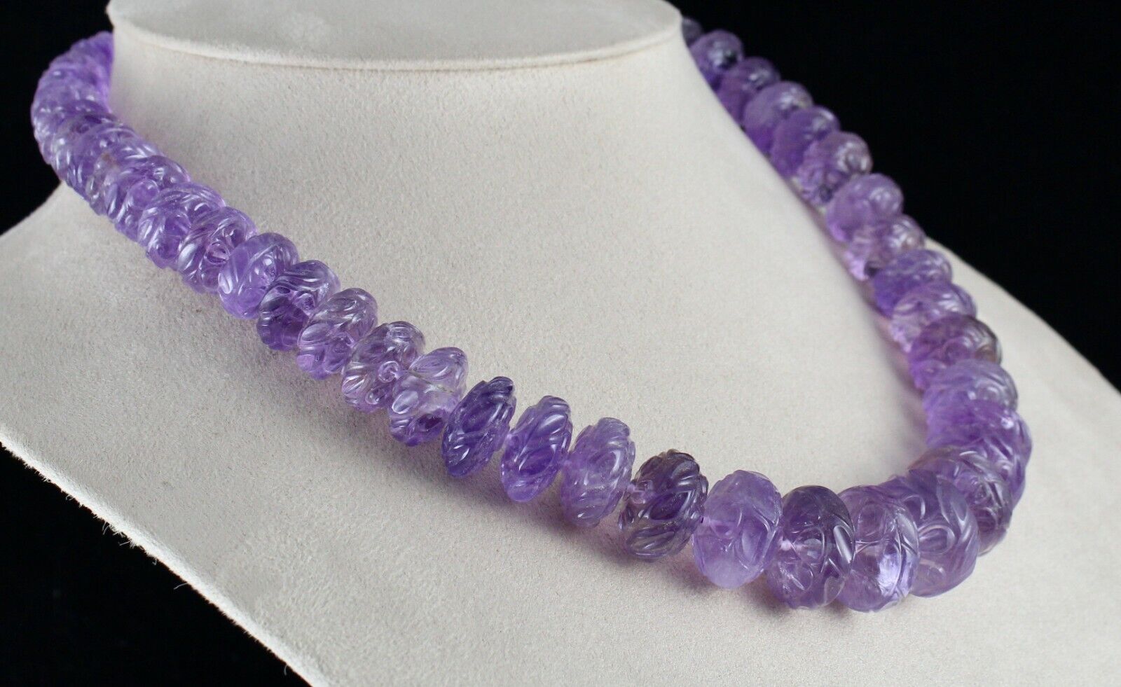 Natural Amethyst Beads Engraved Round 765 Ct Gemstone Silver Antique Necklace