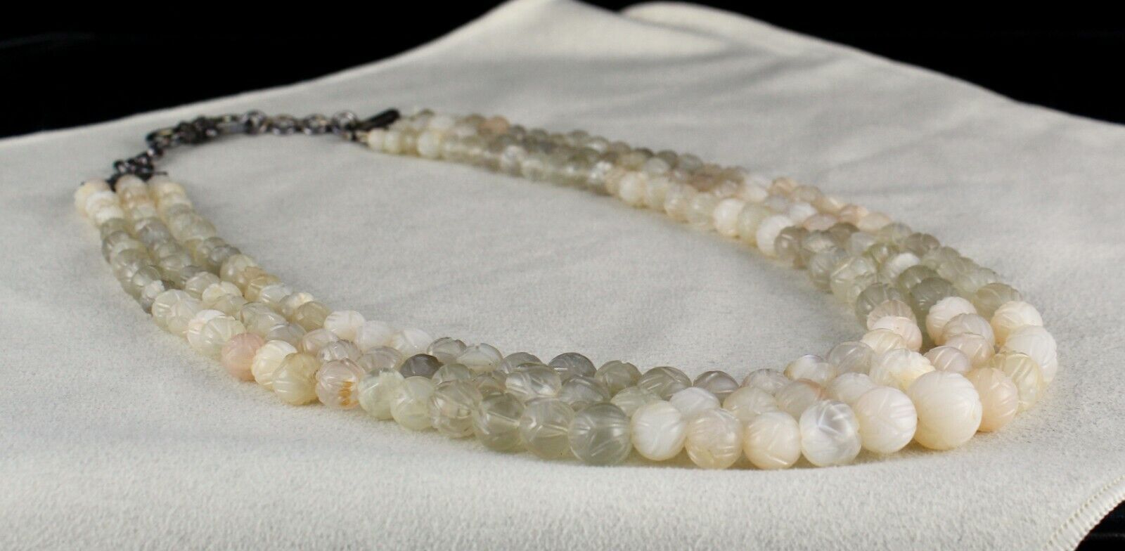 NATURAL MULTI MOONSTONE BEADS CARVED 3 LINE 667 CTS GEMSTONE LADIES NECKLACE