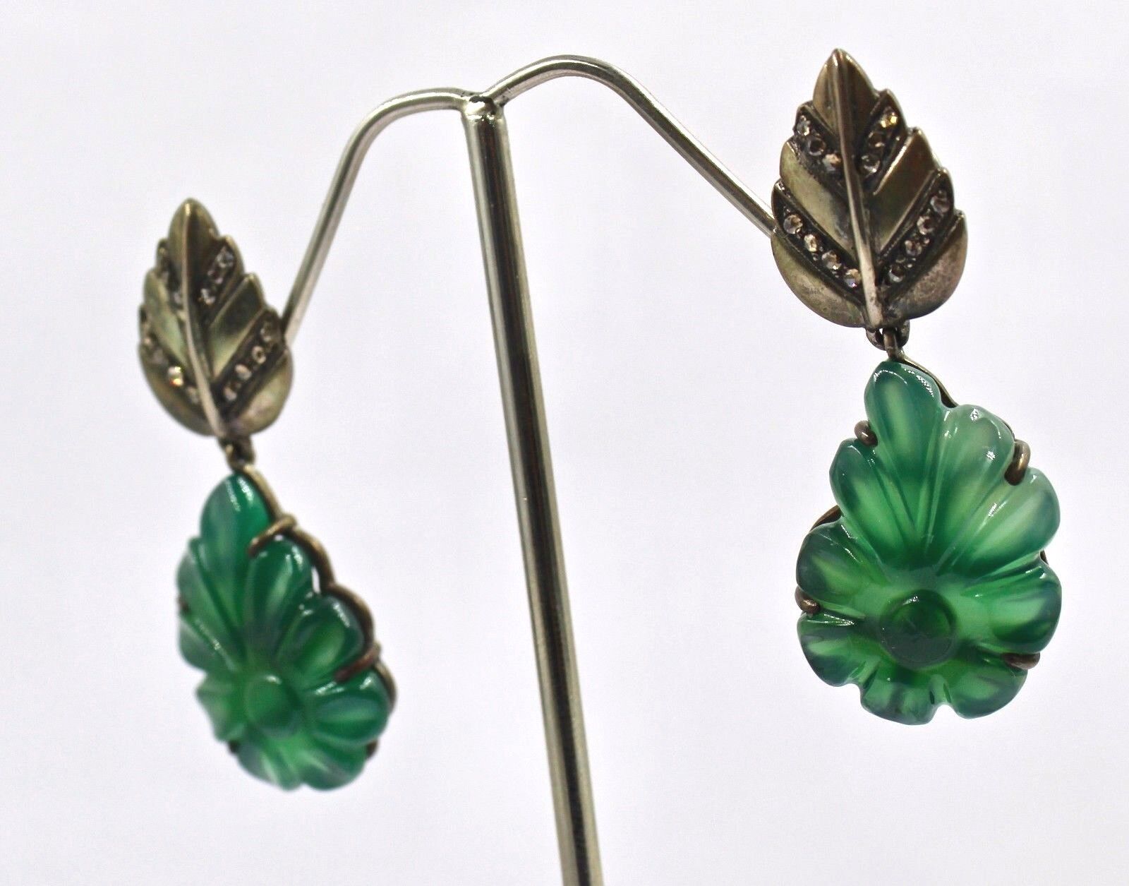 GREEN ONYX CARVED FLOWER GEMSTONE DIAMOND STUDDED IN 925 SILVER DANGLE EARRING