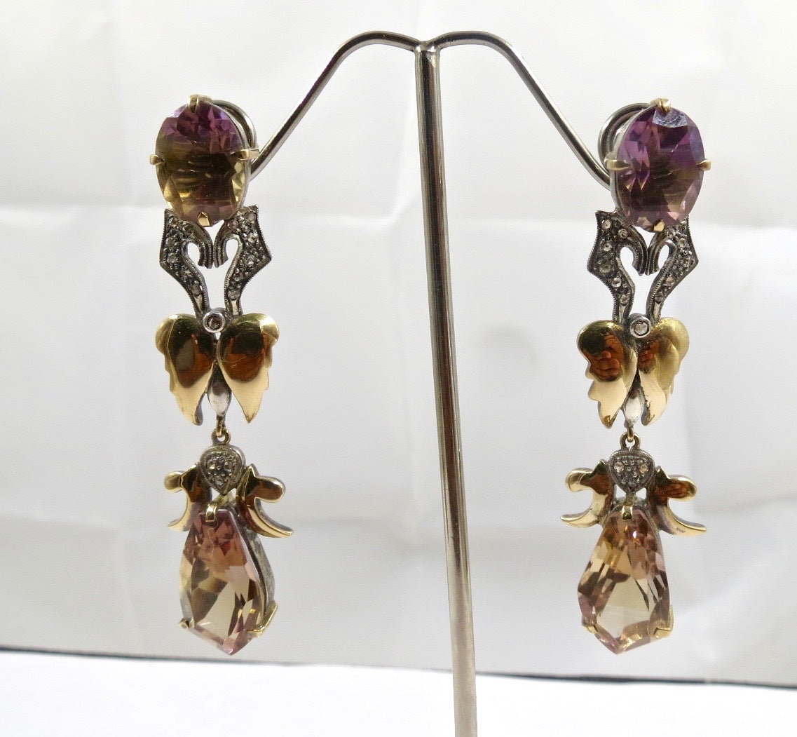 Certified Natural Ametrine 99.67ct Victorian 18k Gold & Sterling Silver Earrings