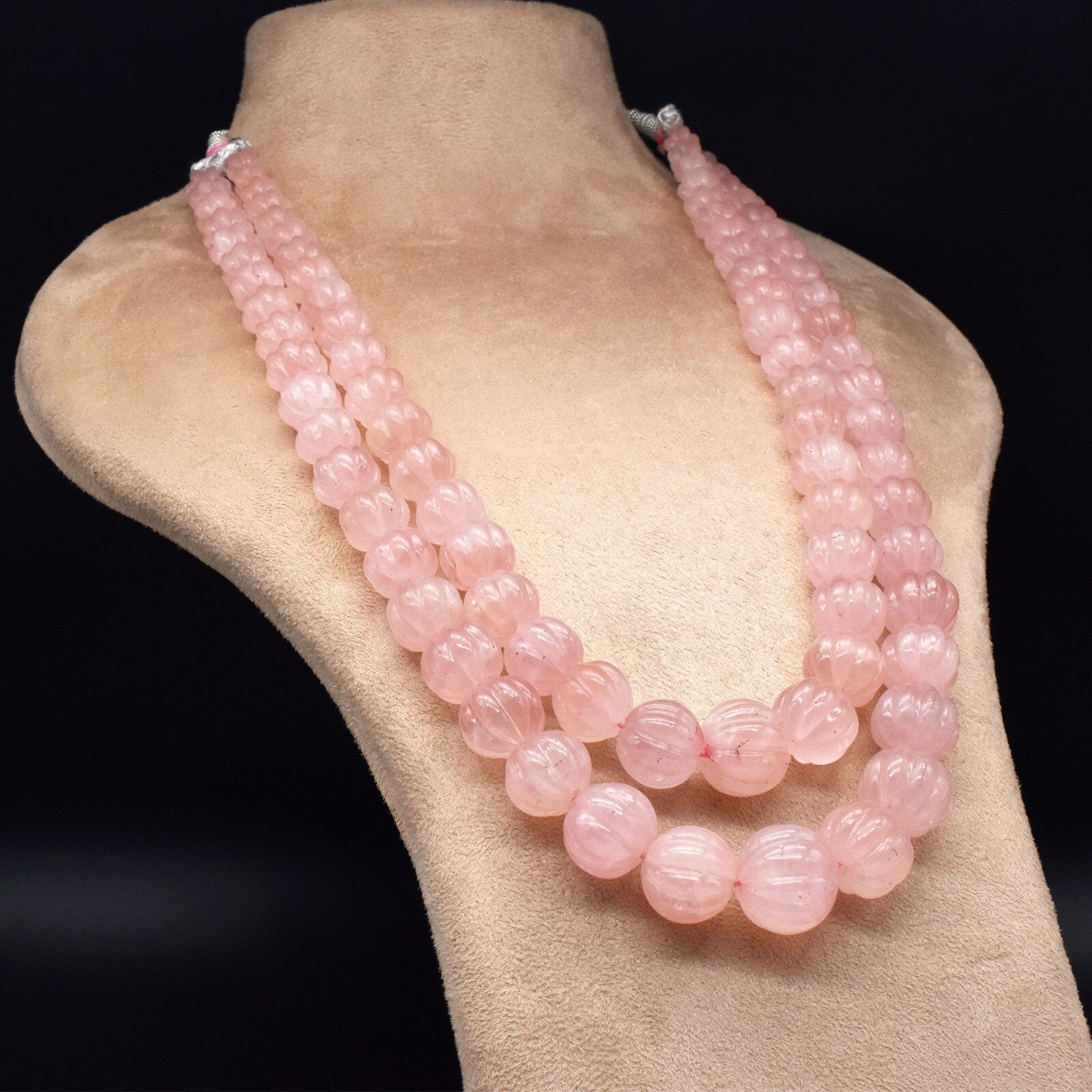 Certified Vintage Rose Quartz 1257 Ct Carved Beads Sterling Silver Necklace