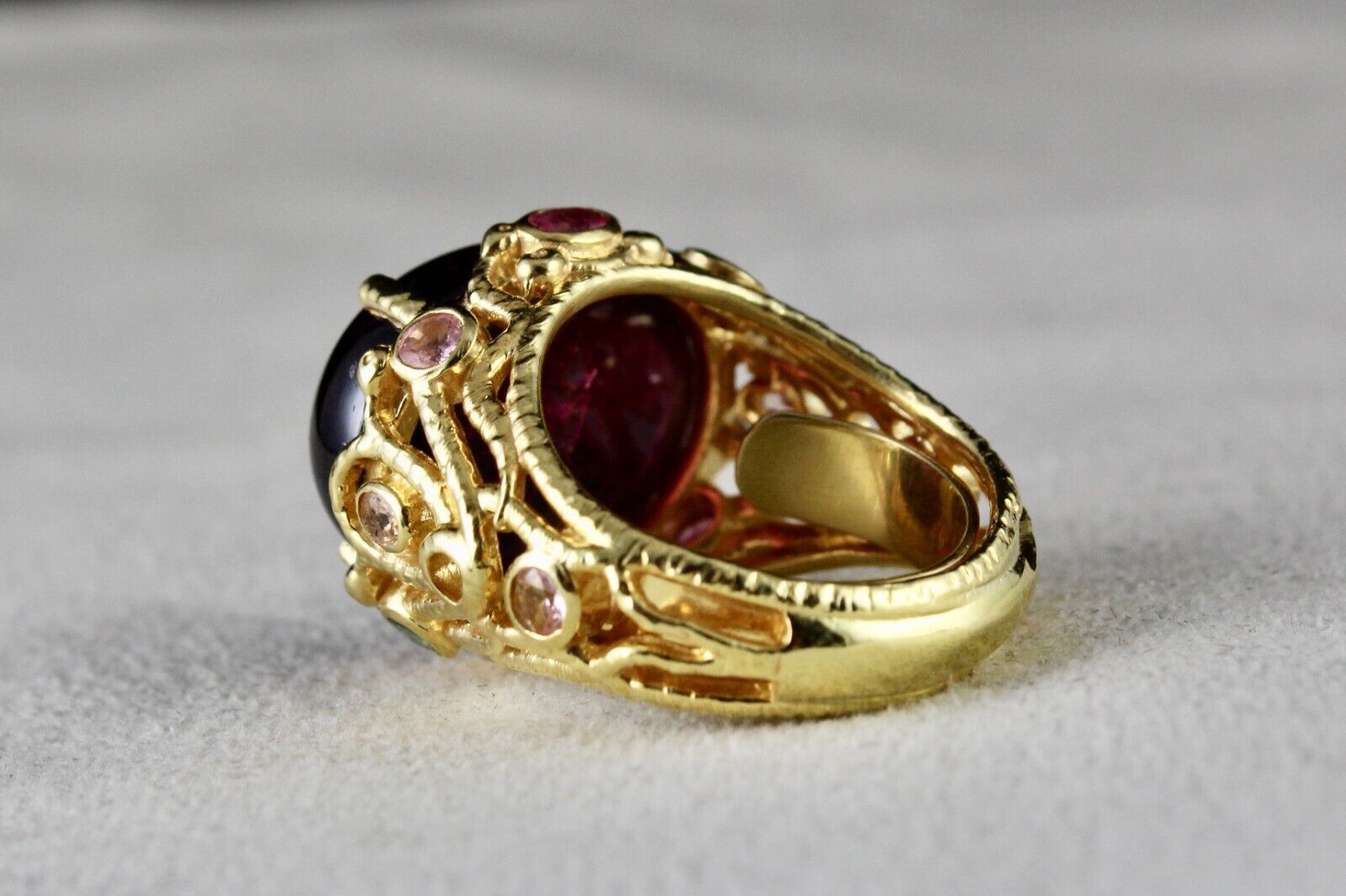 UNIQUE NATURAL PINK TOURMALINE CABOCHON CUT CARVED SILVER GOLD PLATED RING