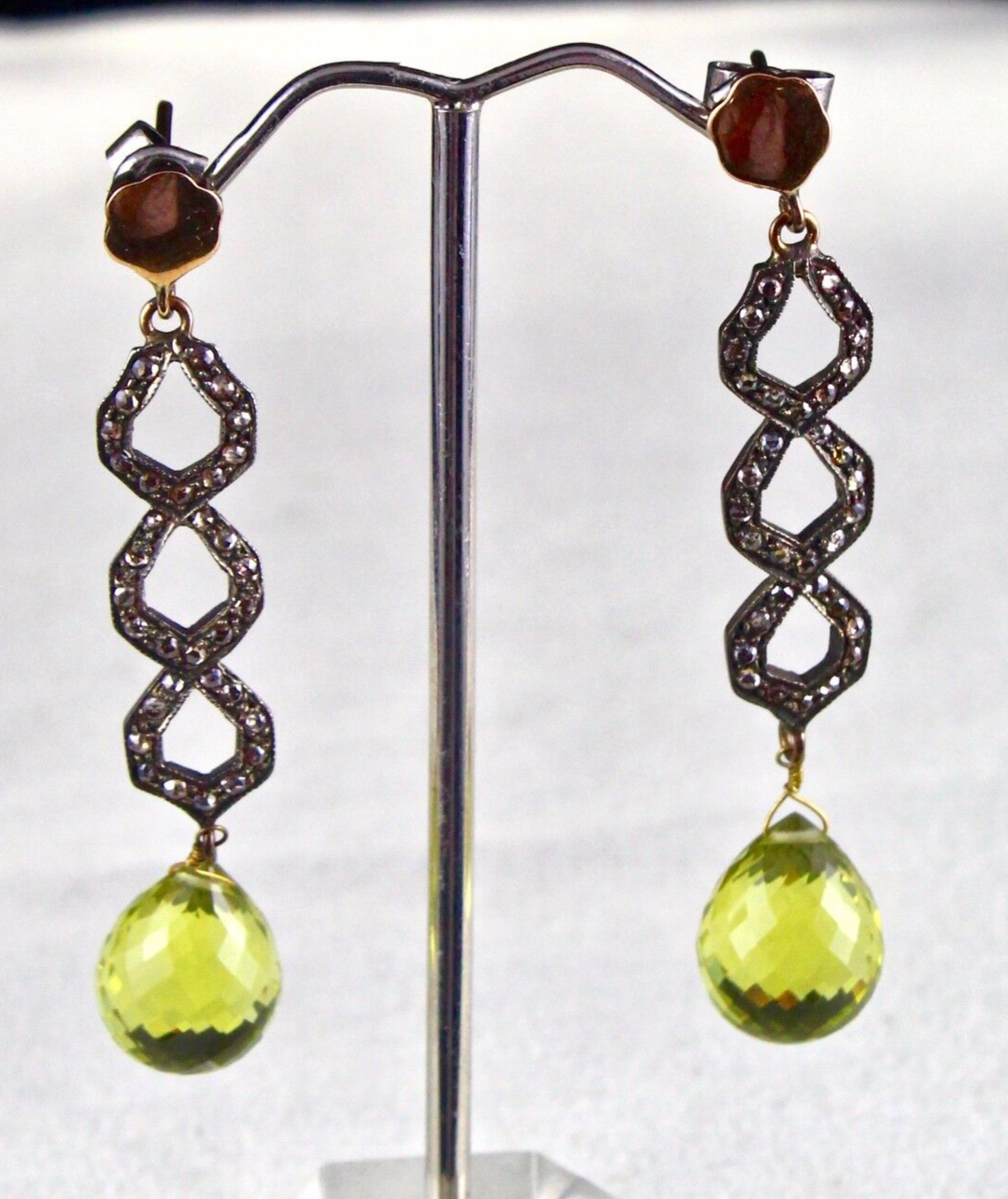 Estate 26ct Lemon Quartz Briolette Natural Diamond 18k Gold Victorian Earrings