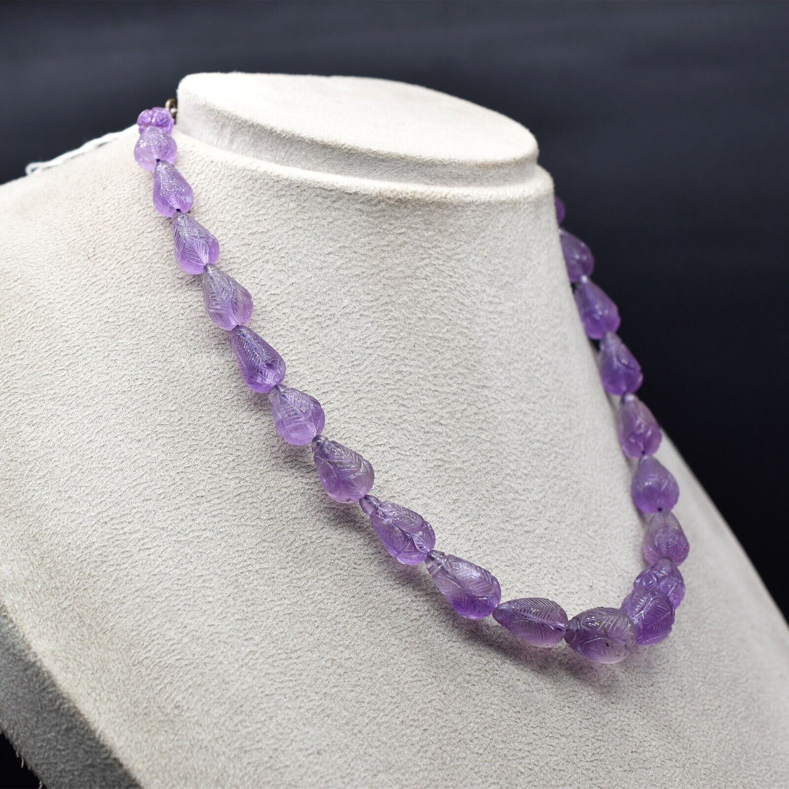 Vintage Natural Amethyst Beaded Engraved Pear 242 Ct Gemstone Silver Necklace