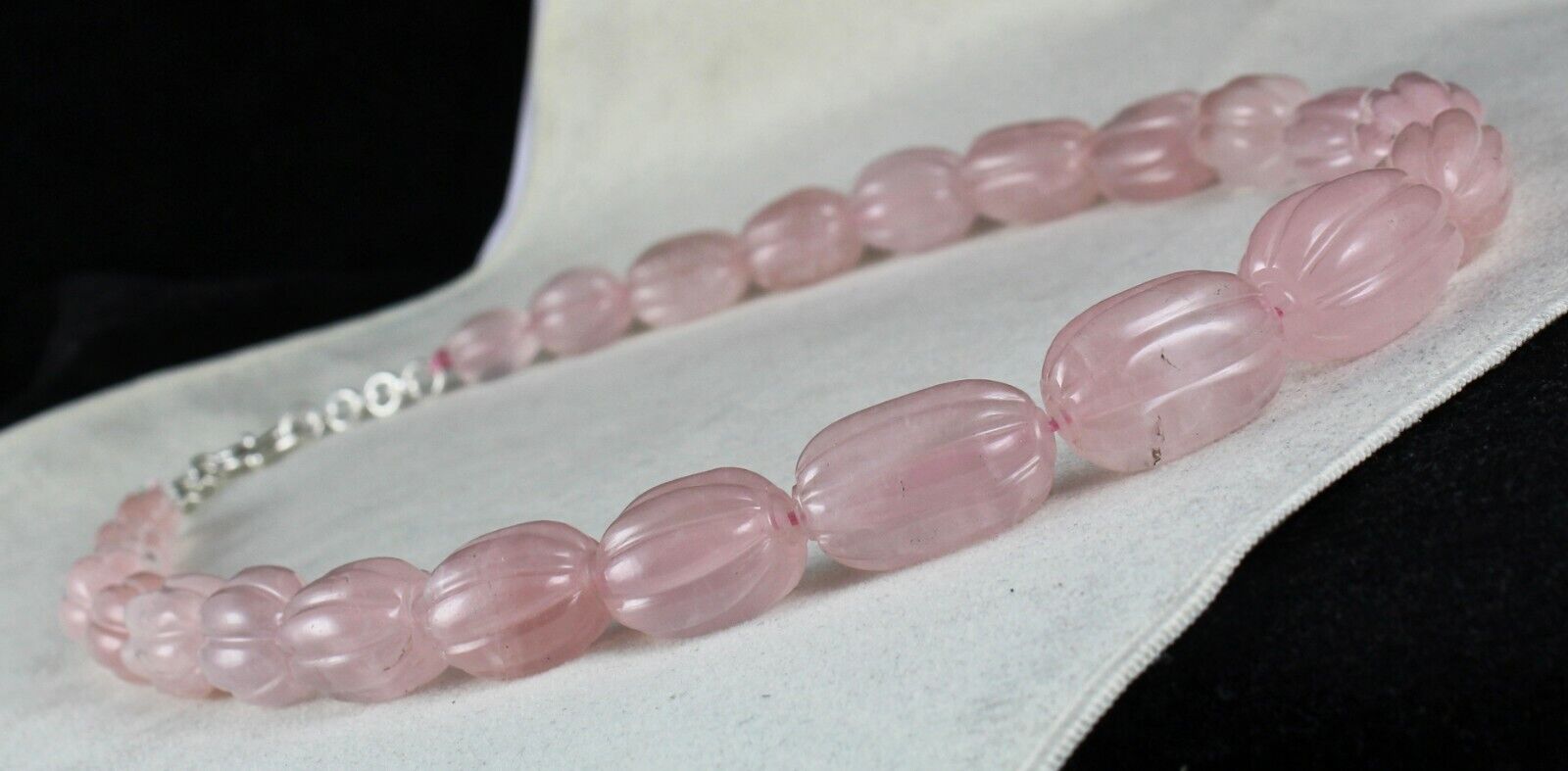 NATURAL ROSE QUARTZ MELON CARVED LONG BEADS 883 CARATS GEMSTONE SILVER NECKLACE