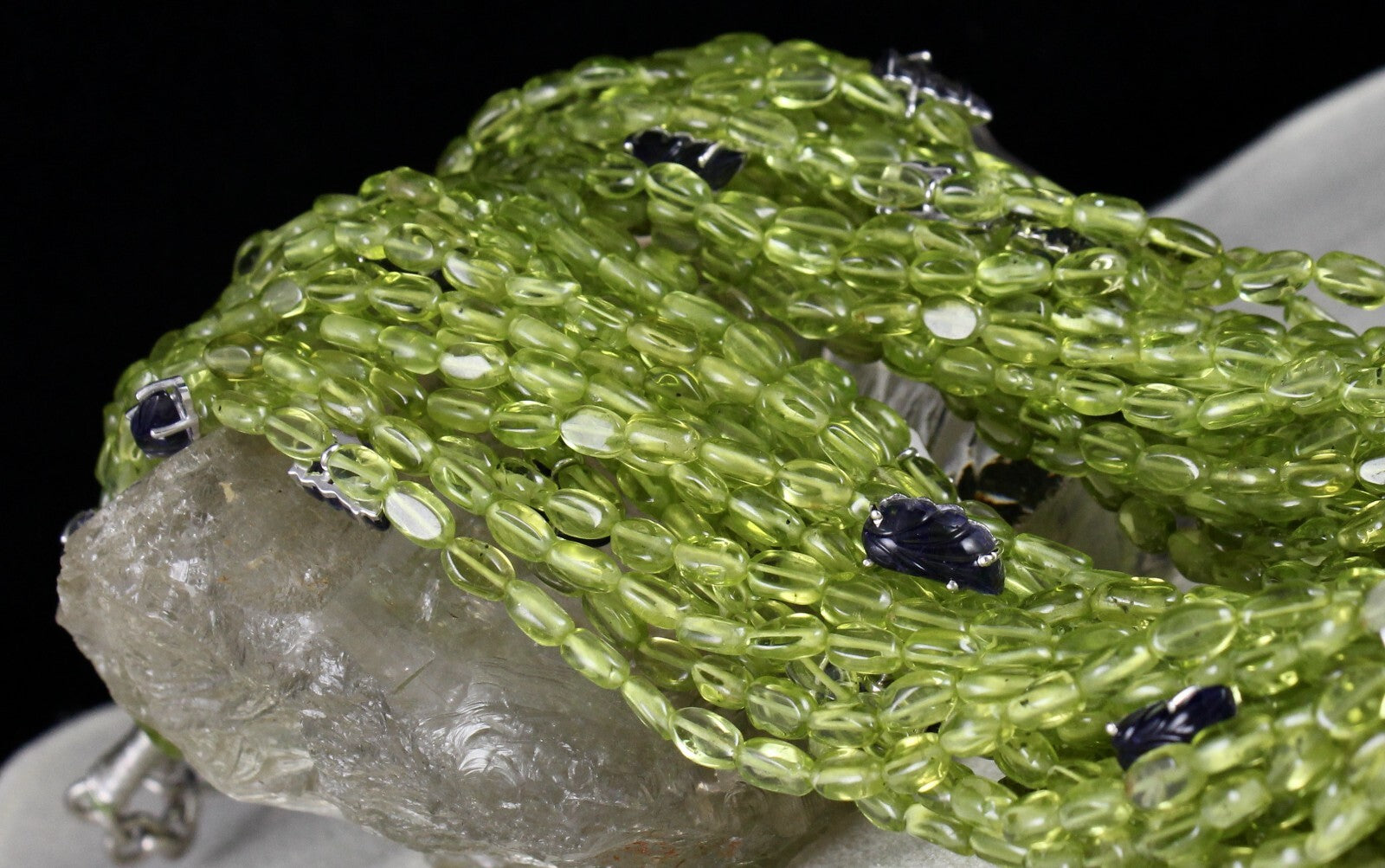 Certified Designer Natural Peridot 972ct Iolite Leaf Sterling Silver Necklace