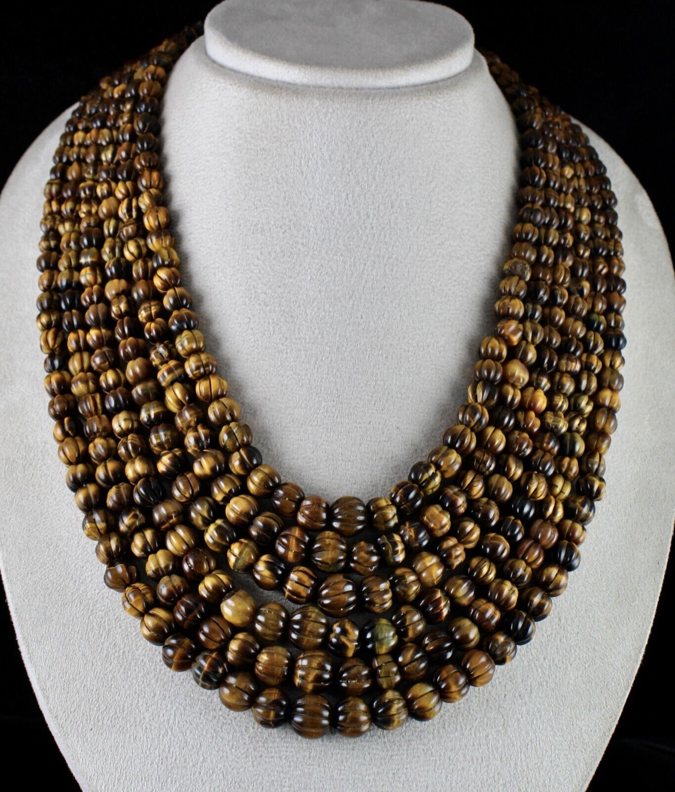 NATURAL TIGER EYE BEADS CARVED 6 LINE 1566 CTS GEMSTONE LADIES ANTIQUE NECKLACE