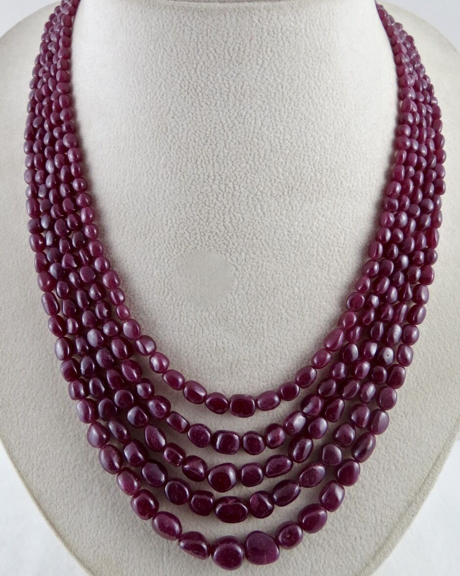 NATURAL RUBY BEADS LONG 5 LINE 540 CARATS PRECIOUS GEMSTONE NECKLACE FOR LADIES