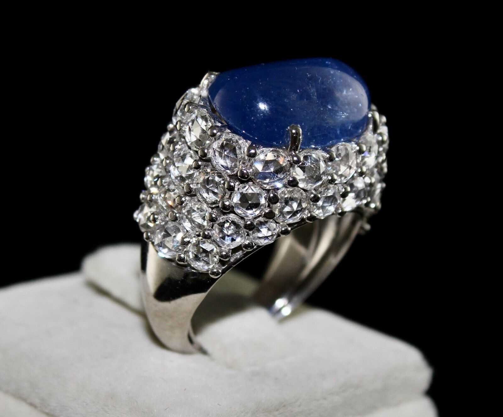 Natural Blue Sapphire Cabochon Rose Cut Diamond Studded 18k Gold Cocktail Ring