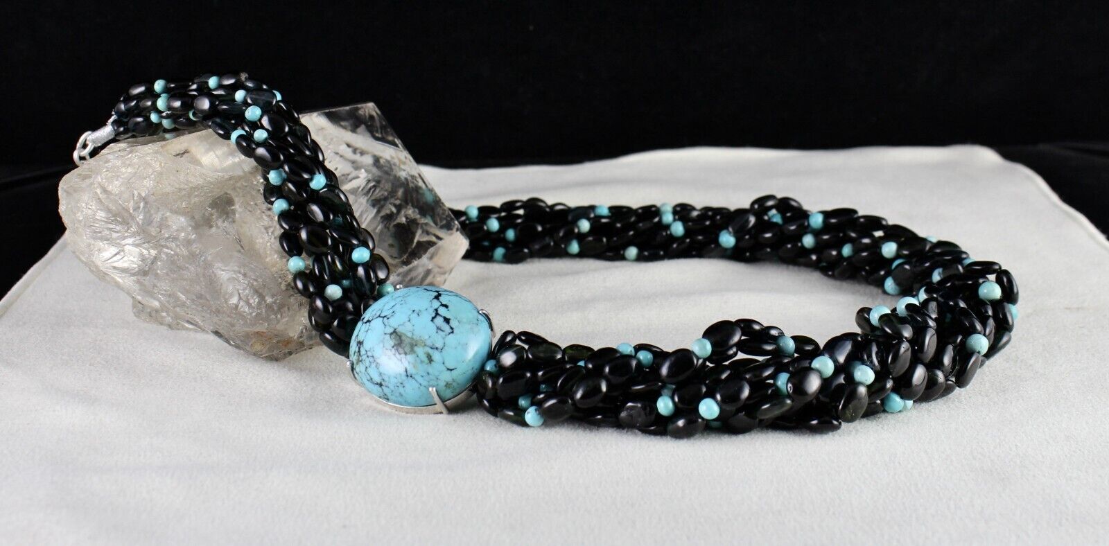 FINE NATURAL BLACK TOURMALINE TURQUOISE BEADED DESIGNER GEMSTONE SILVER NECKLACE