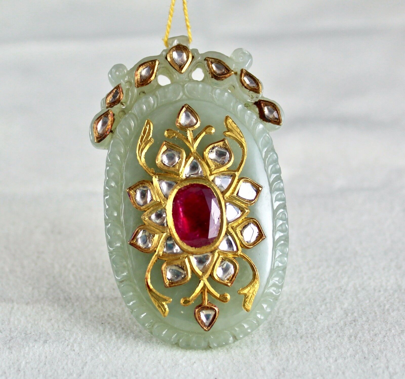 ANTIQUE GREEN JADE TAKTI PENDANT STUDDED WITH DIAMOND & RUBY IN 22K YELLOW GOLD