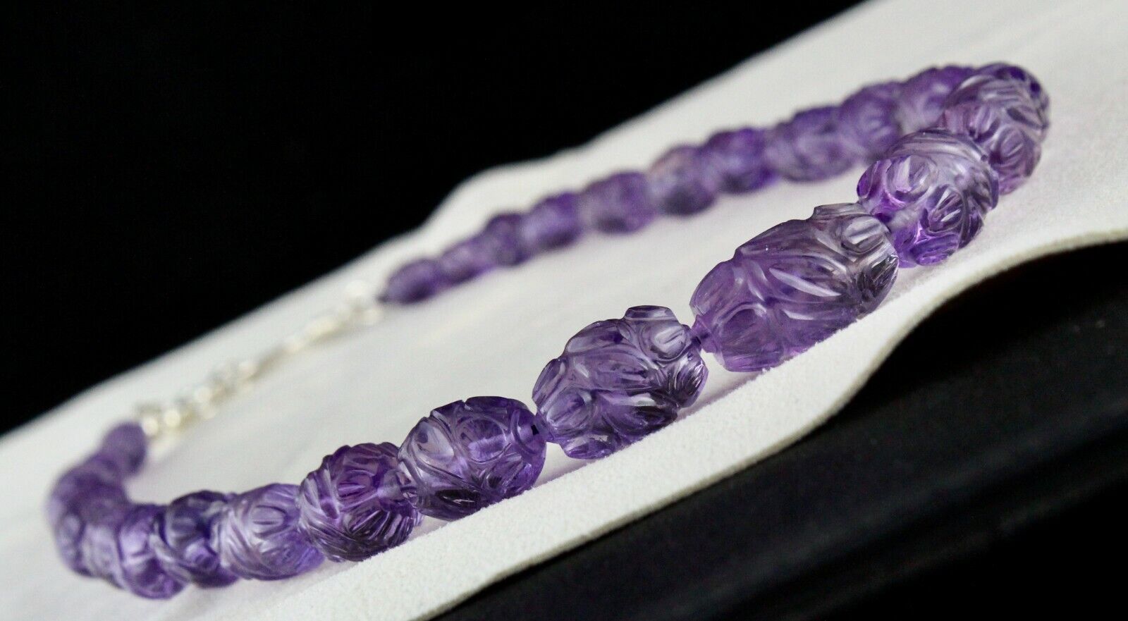 ANTIQUE NATURAL AMETHYST BEADS CARVED LONG 332 CARATS GEMSTONE SILVER NECKLACE