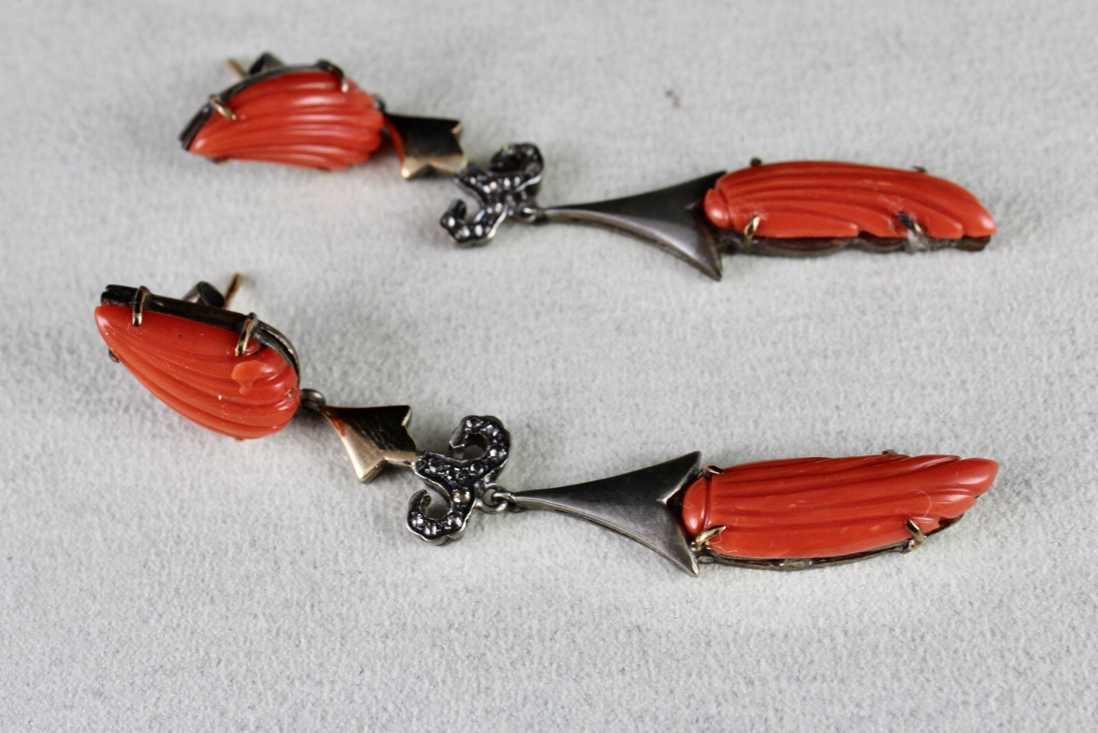 Certified Estate Red Coral 10ct Natural Diamond 18k And Sterling Silver Earrings