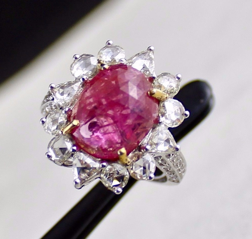 Certified Natural Burma Ruby Cabochon 10ct Diamond 18k White Gold Ring