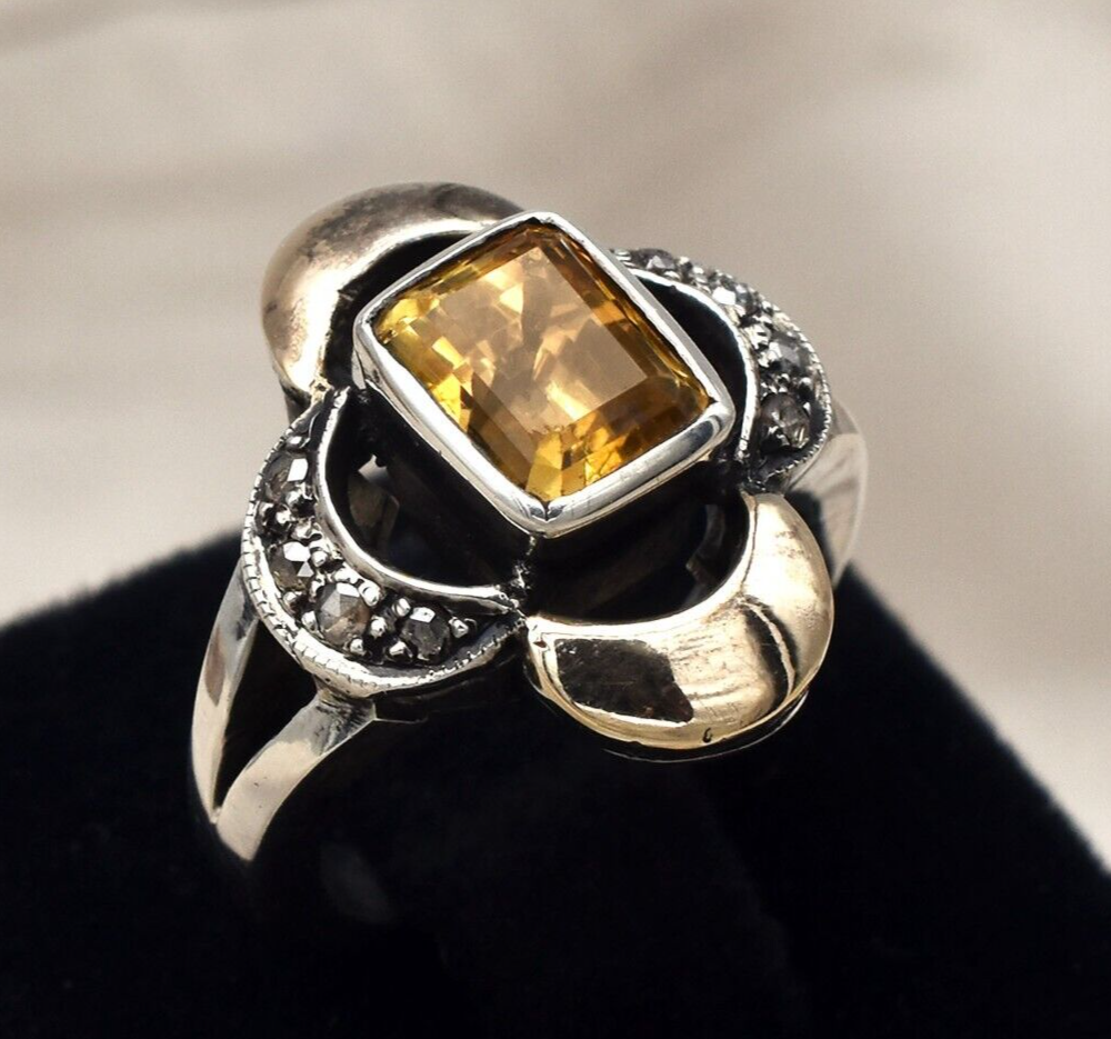 Antique Yellow Citrine Cut Diamond 18k Gold 925 Silver Ladies Victorian Ring