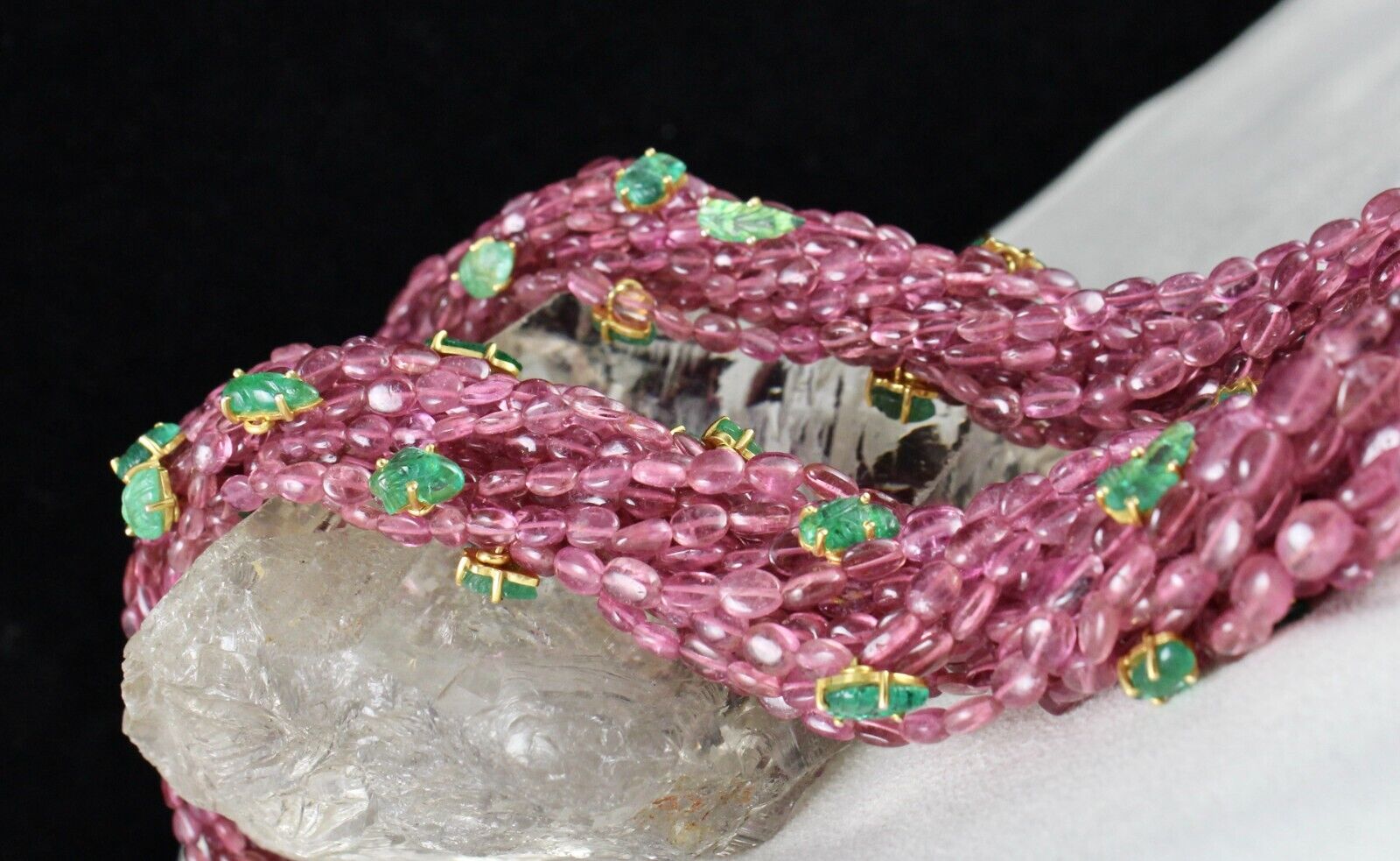 NATURAL PINK TOURMALINE BEADS EMERALD LEAVES 892 CT SILVER STATEMENT NECKLACE