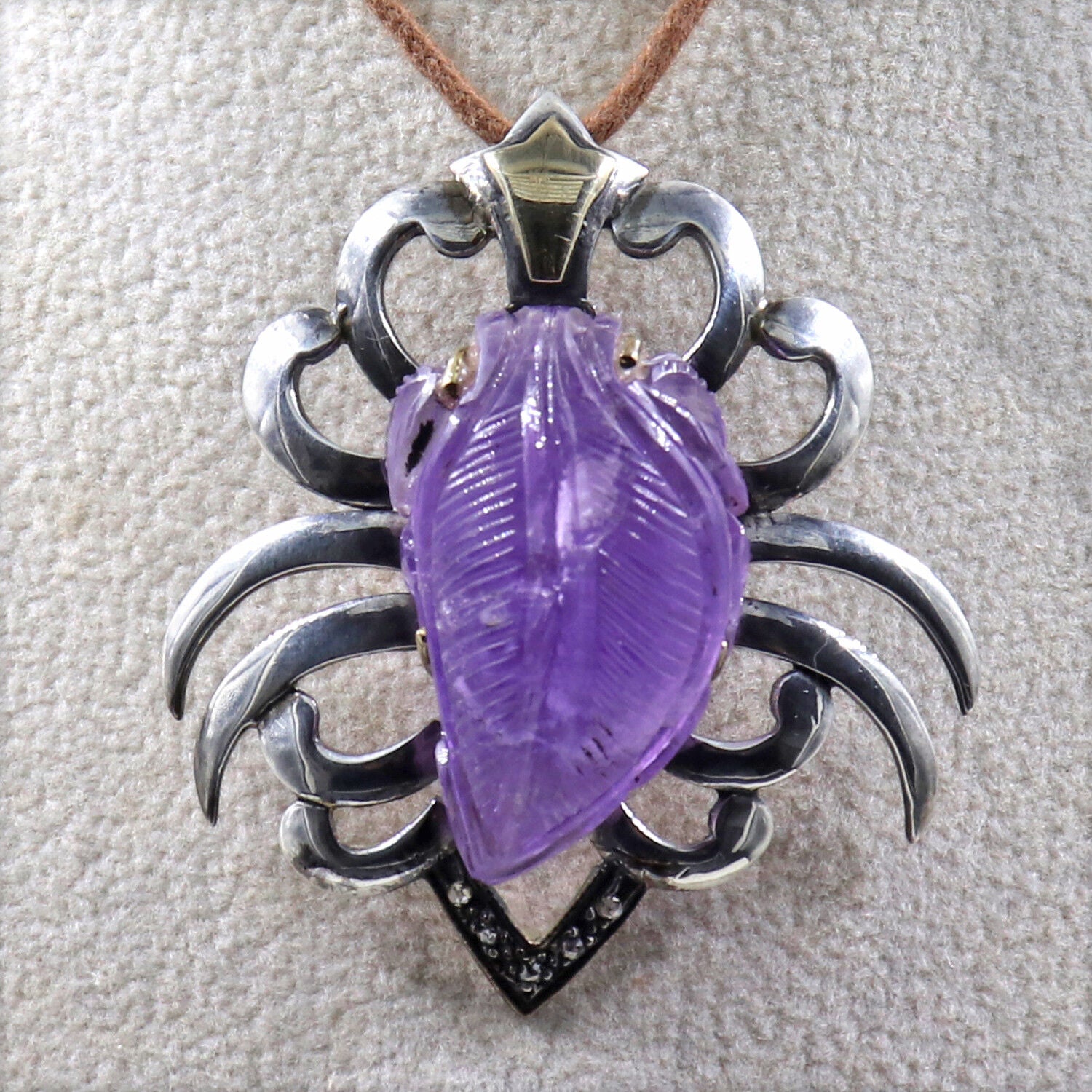 ANTIQUE NATURAL AMETHYST CARVED DIAMOND VICTORIAN PENDANT IN 925 SILVER & GOLD