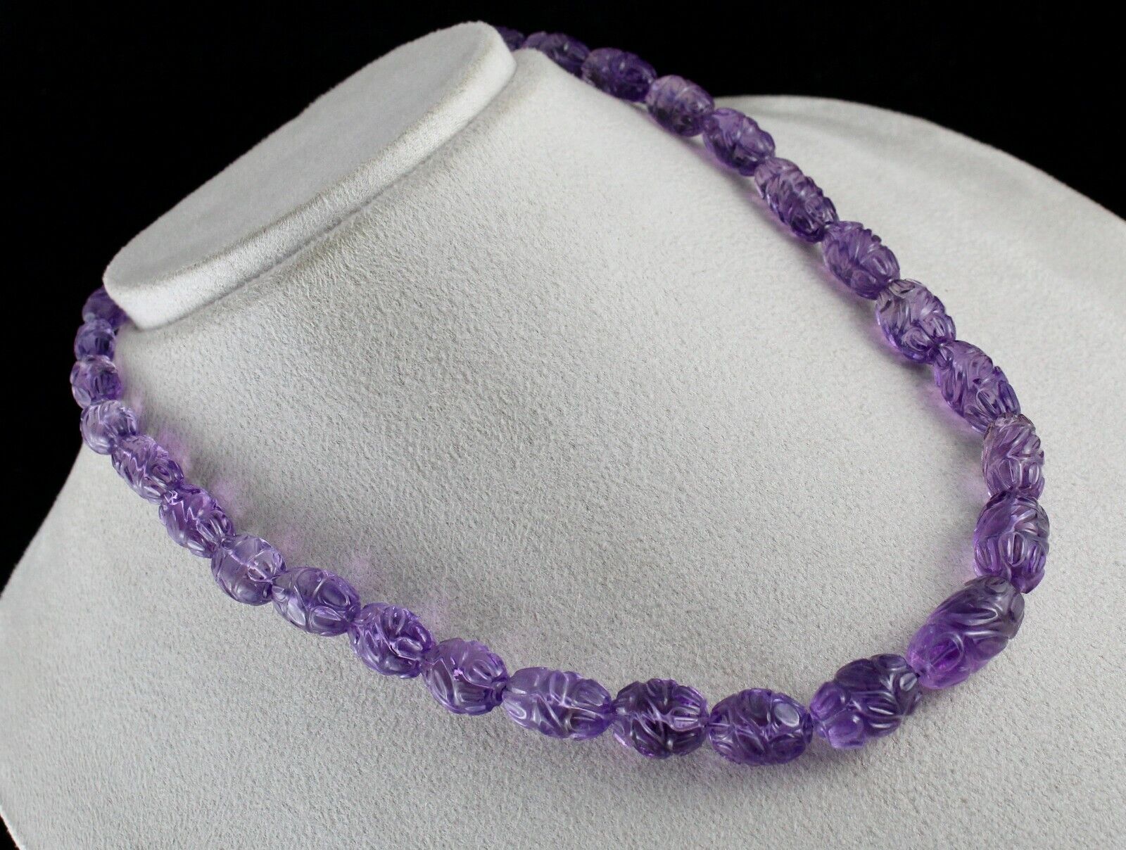 ANTIQUE NATURAL AMETHYST BEADS CARVED LONG 332 CARATS GEMSTONE SILVER NECKLACE