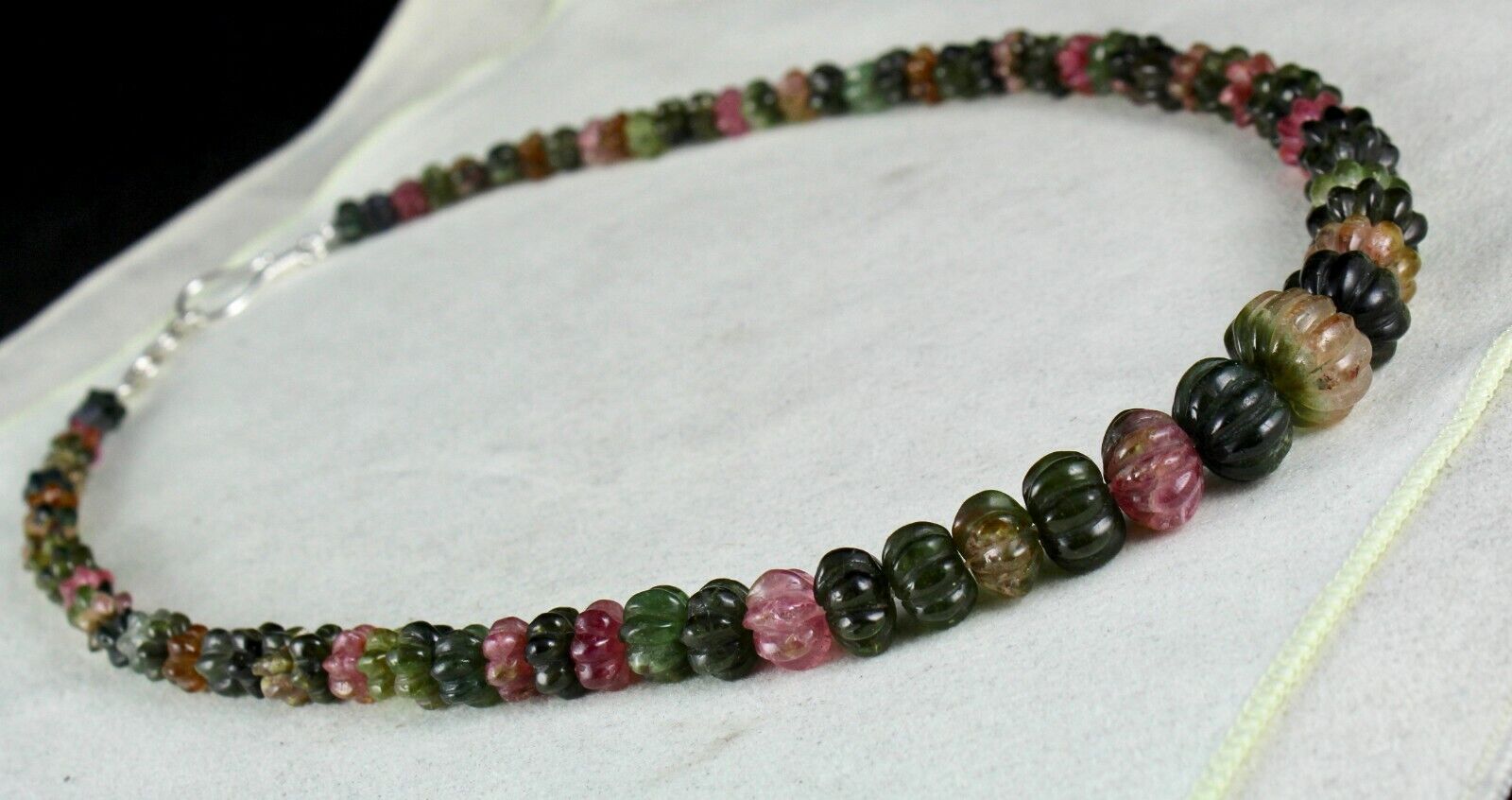 NATURAL MULTI TOURMALINE BEADS MELON CARVED 353 CARATS GEMSTONE SILVER NECKLACE