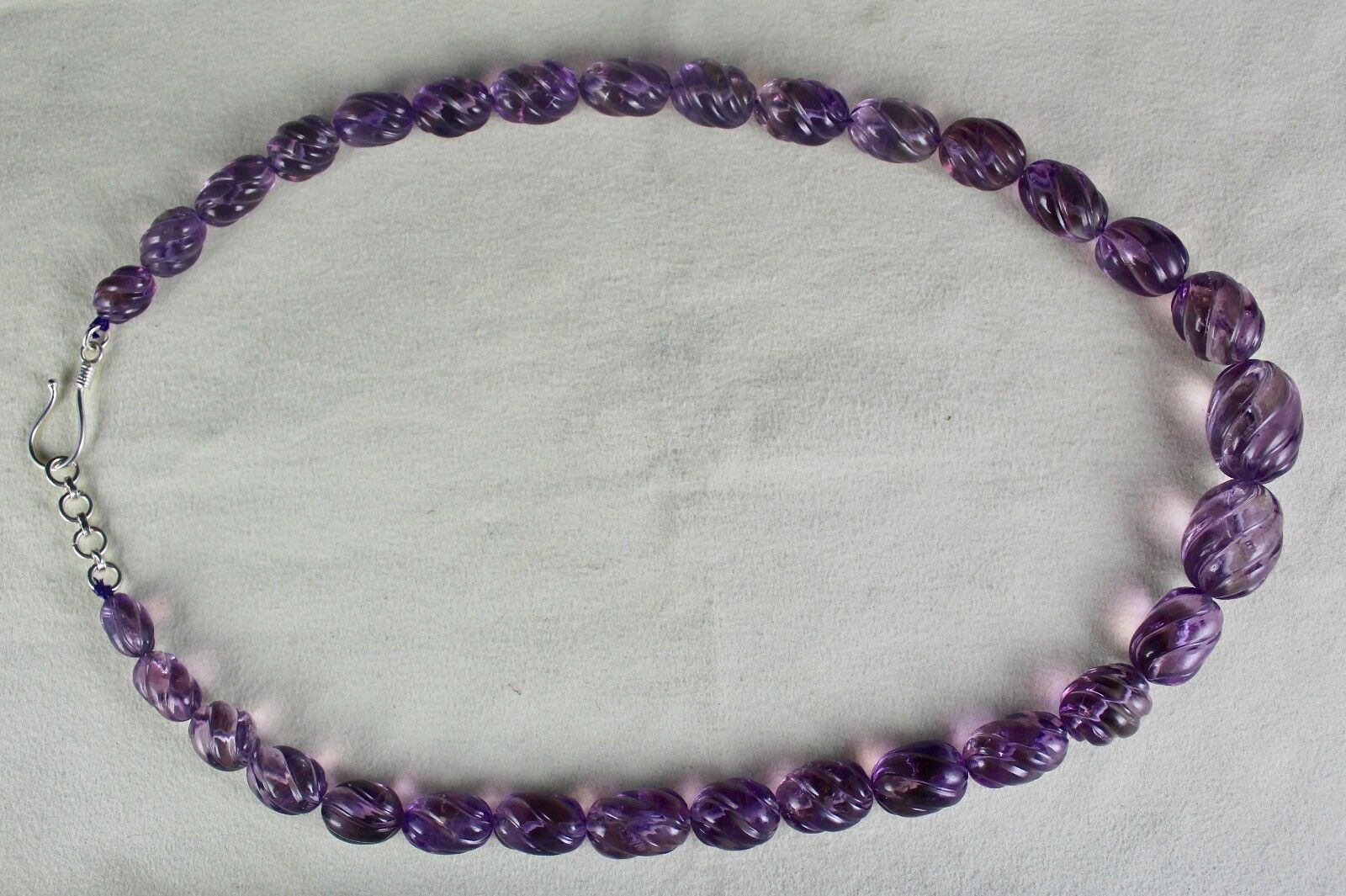 Natural Amethyst Beads Carved Long 552 Ct Gemstone Silver Classic Necklace