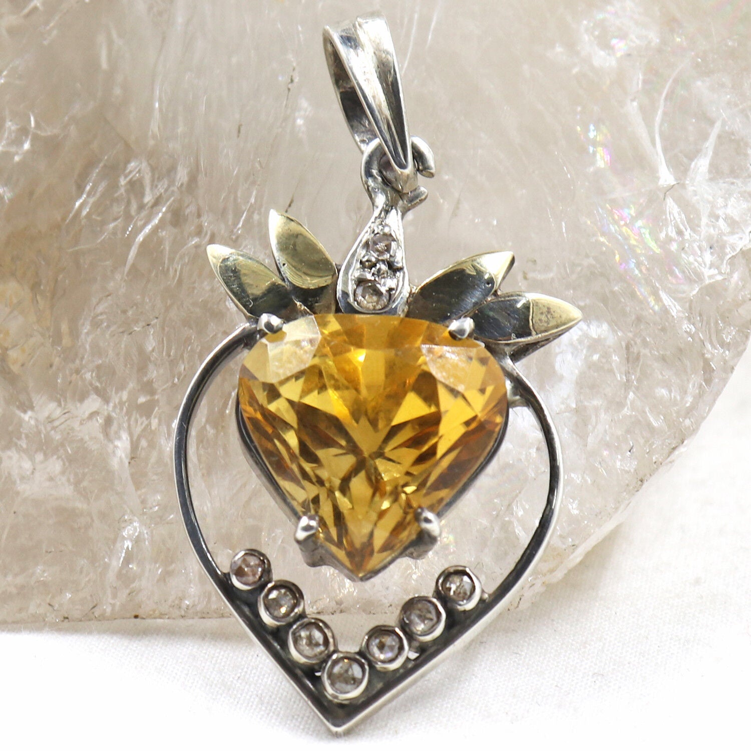 Natural Citrine Heart Cut Diamond 18K Gold 925 Silver Victorian Gemstone Pendant