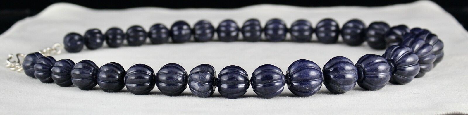 NATURAL BLUE JADE BEADS CARVED ROUND GEMSTONE 1 LINE 1001 CARATS SILVER NECKLACE