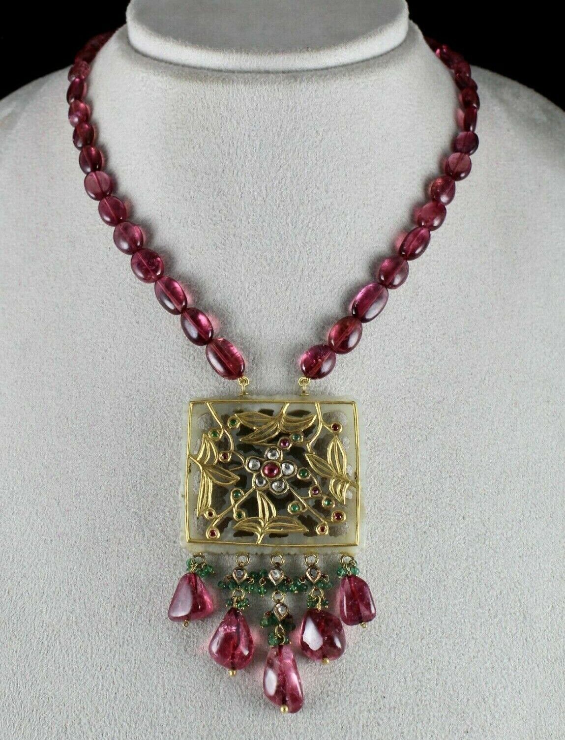 OLD PERSIAN JADE FLAT DIAMOND PINK TOURMALINE BEADS 18K GOLD ANTIQUE PENDANT